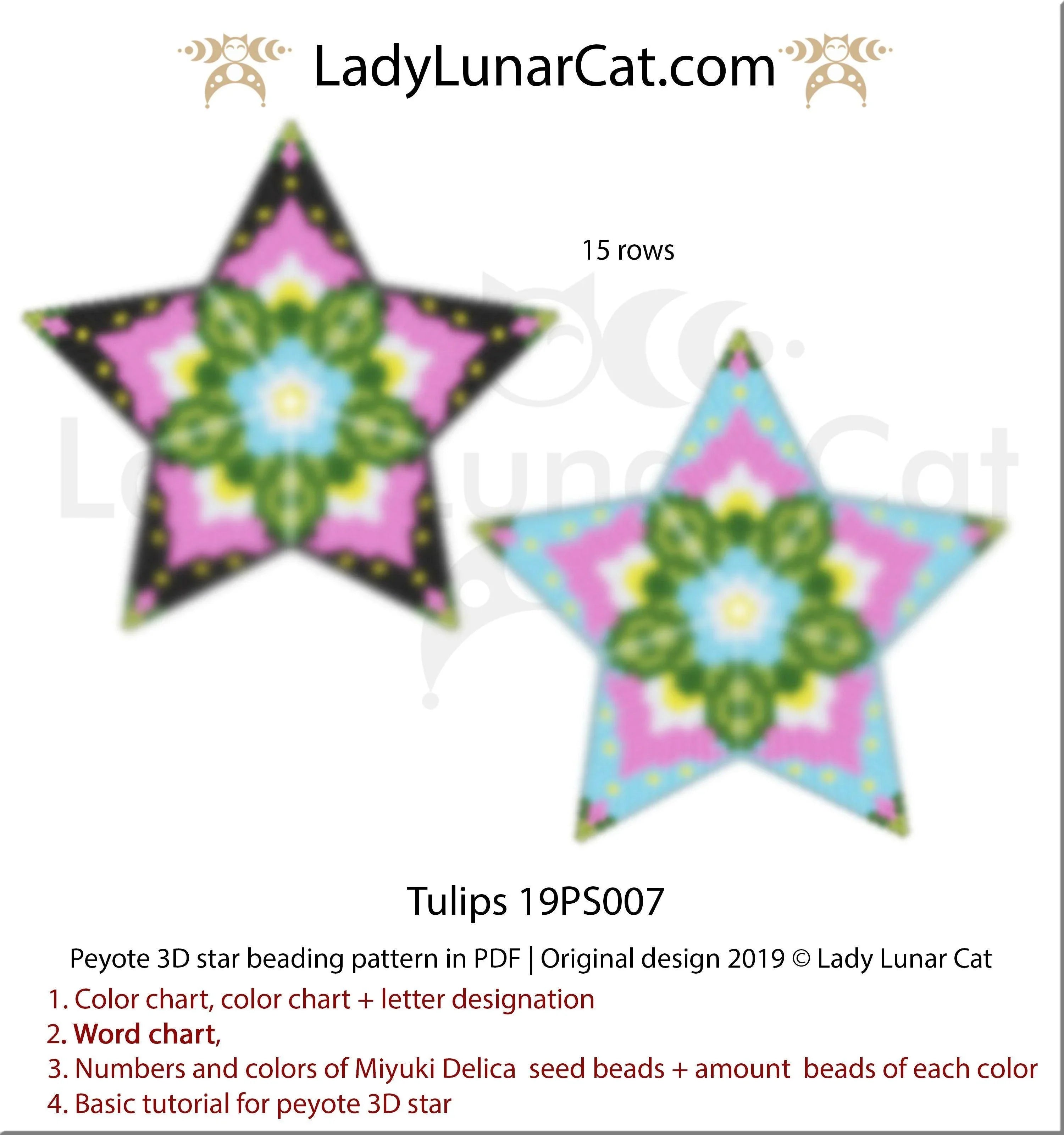 Tulips beaded star full view - 3D peyote spring ornament all colorways LadyLunarCat