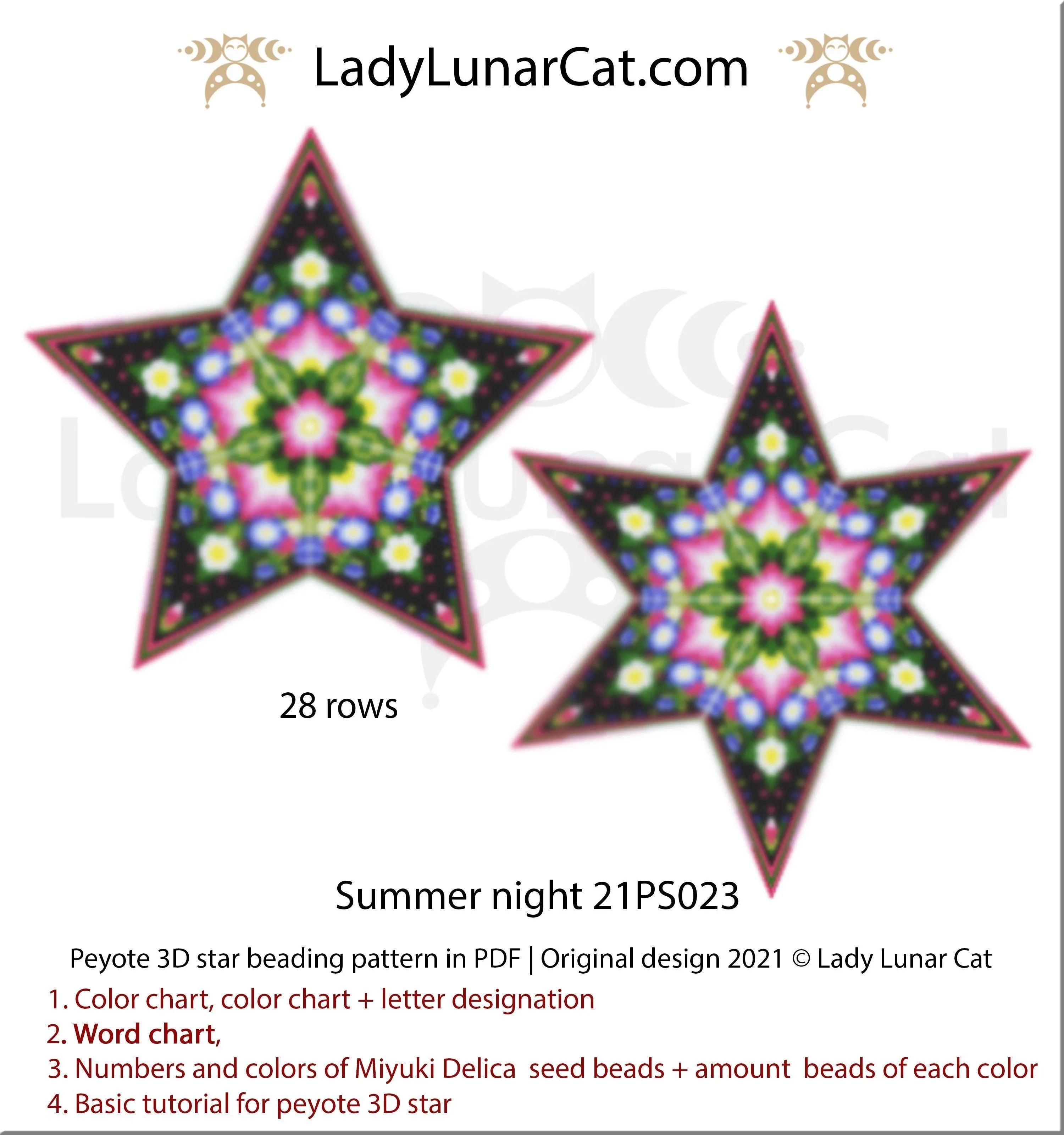 Summer Night peyote star - 55 beads 28 rows 10 colors large floral PDF LadyLunarCatLadyLunarCat