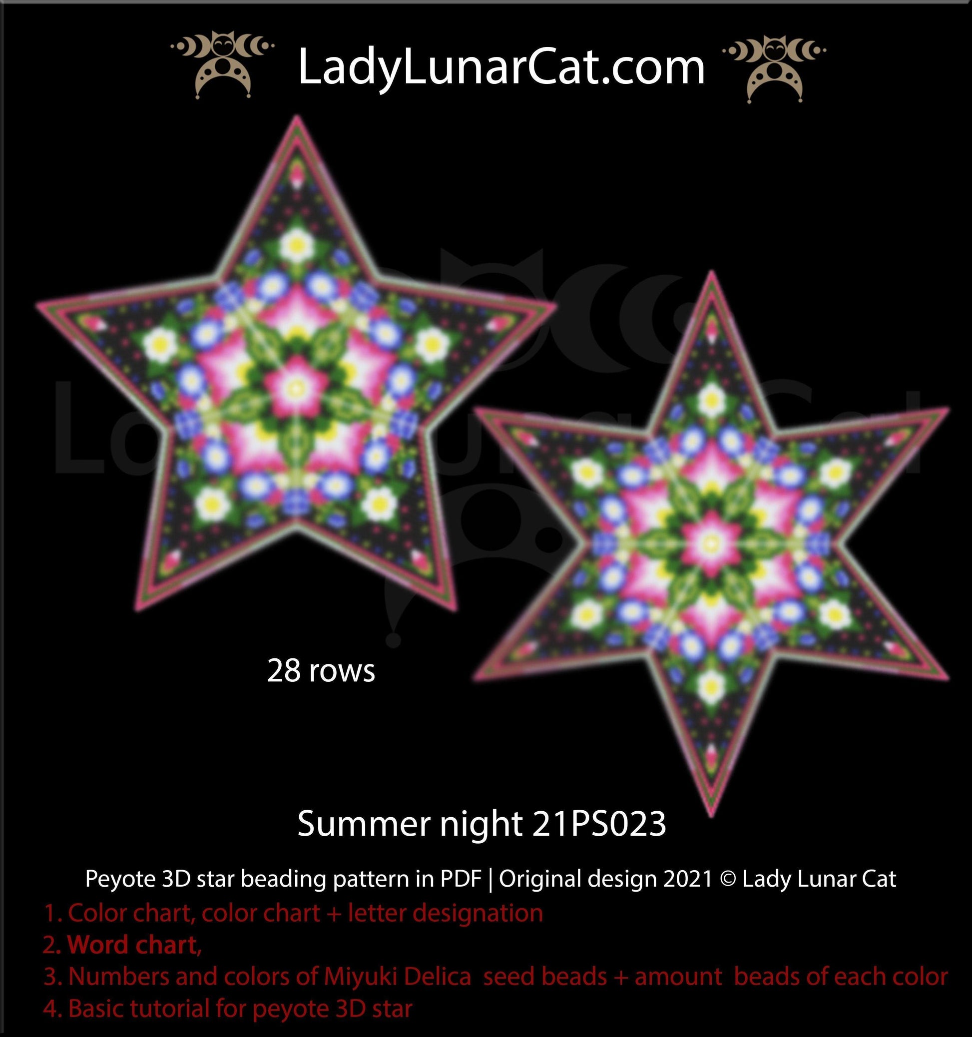 Copy of Beaded star pattern - Strawberry 18PS022 | Seed beads tutorial for 3D peyote star LadyLunarCat