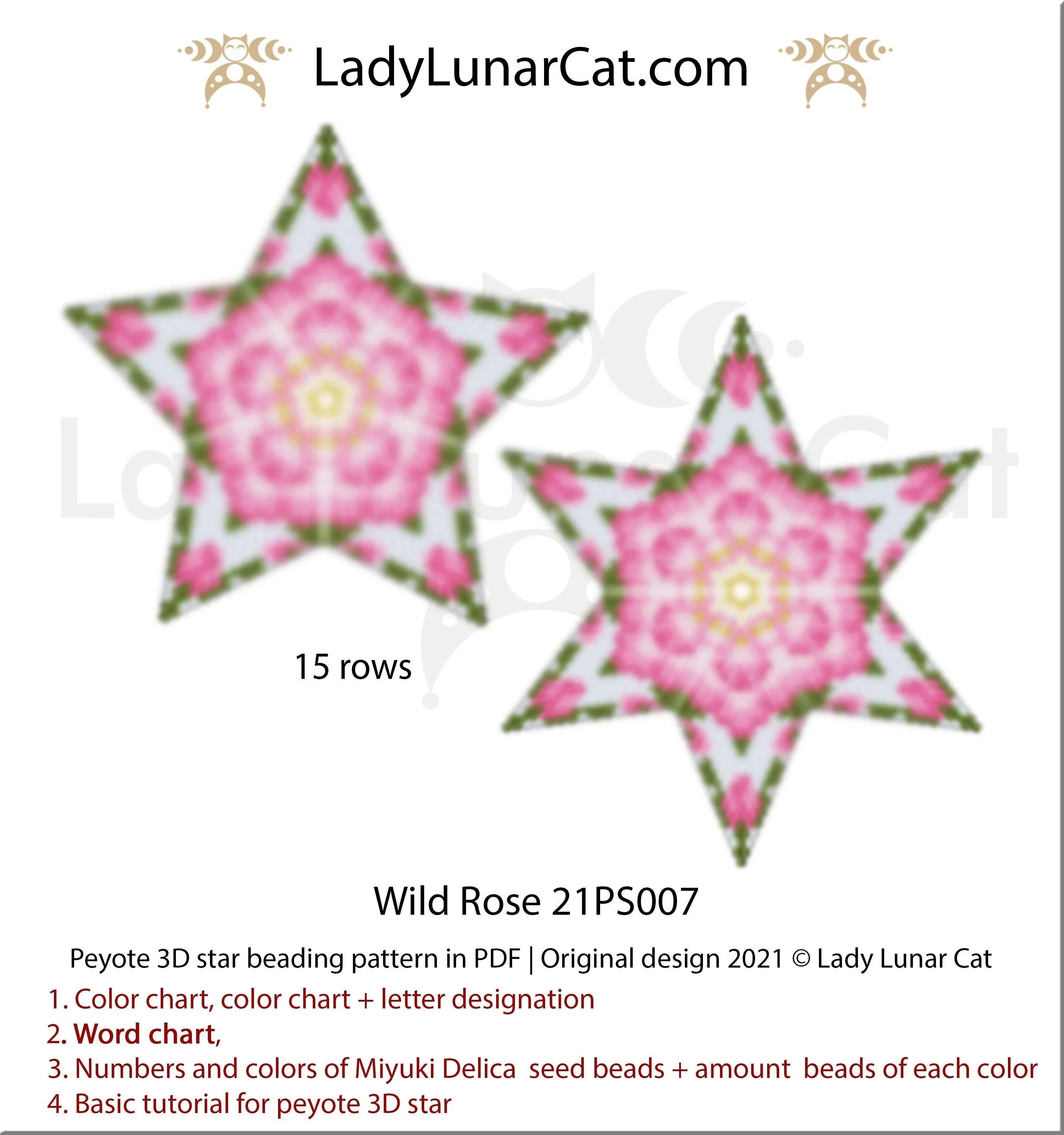 Wild Rose peyote star - 29 beads 15 rows 7 colors floral summer PDF LadyLunarCat