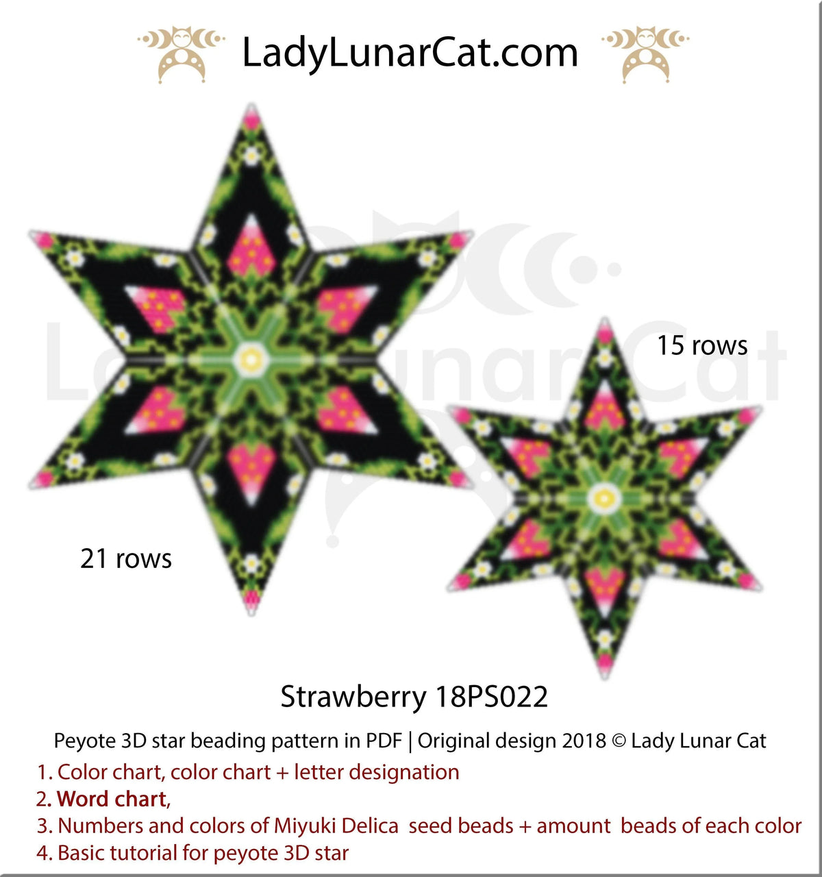 3D peyote star pattern strawberry — 29-bead radius, bonus beginner tutorial, instant download