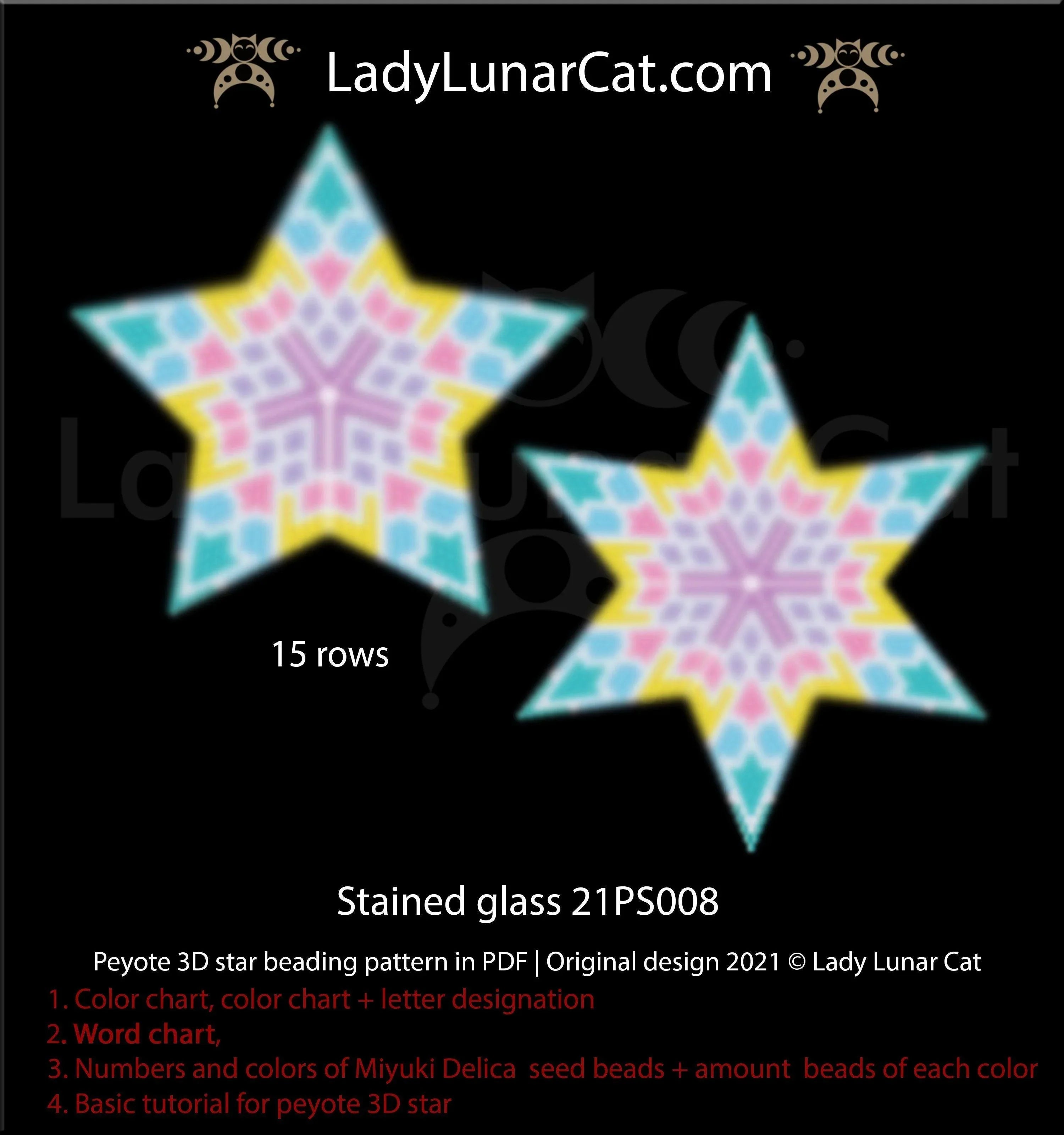 Stained Glass peyote star - 29 beads 15 rows 8 colors transparent beads garland PDF LadyLunarCat