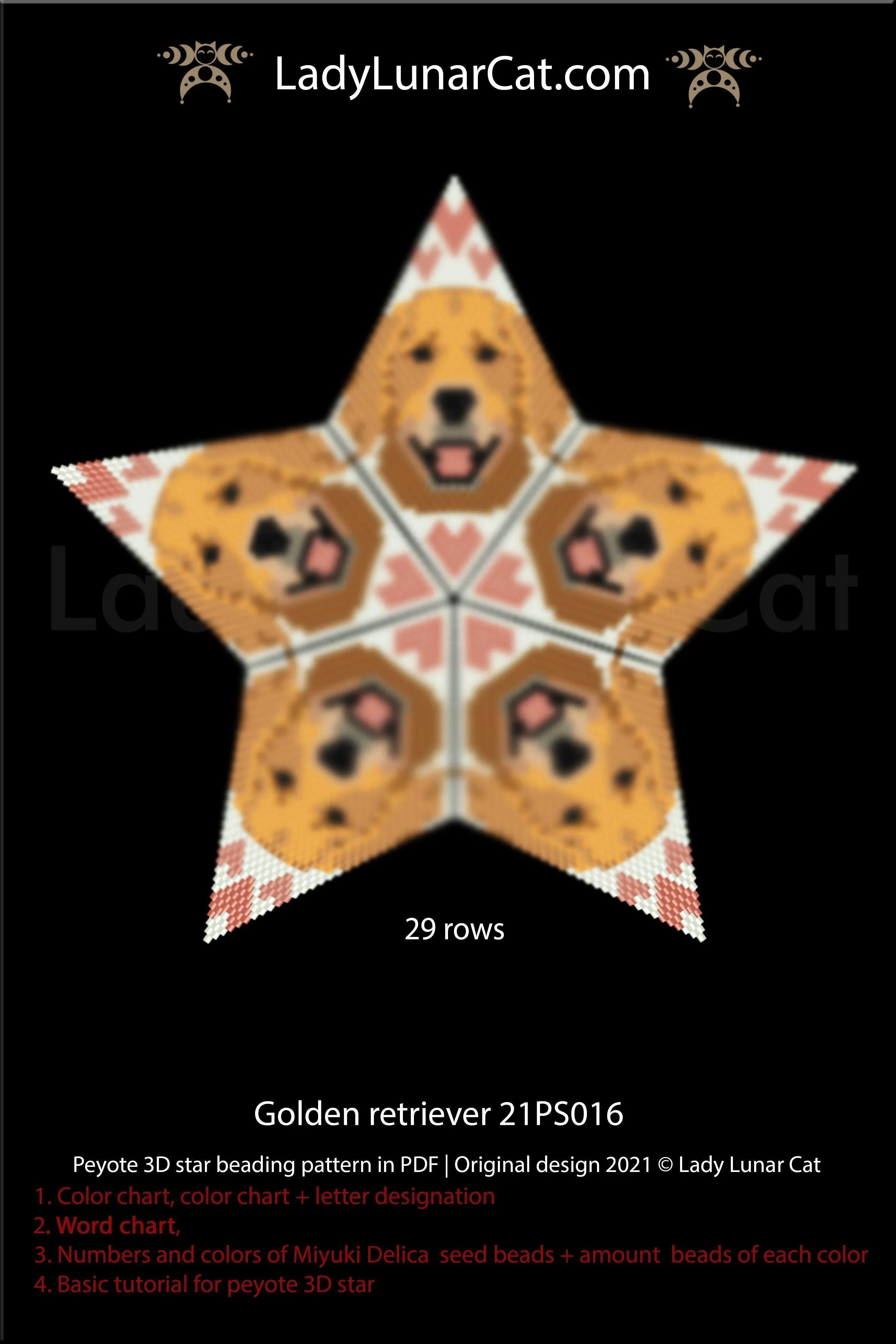 3D peyote star golden retriever — largest star, 16-page PDF, dog lover gift, instant download