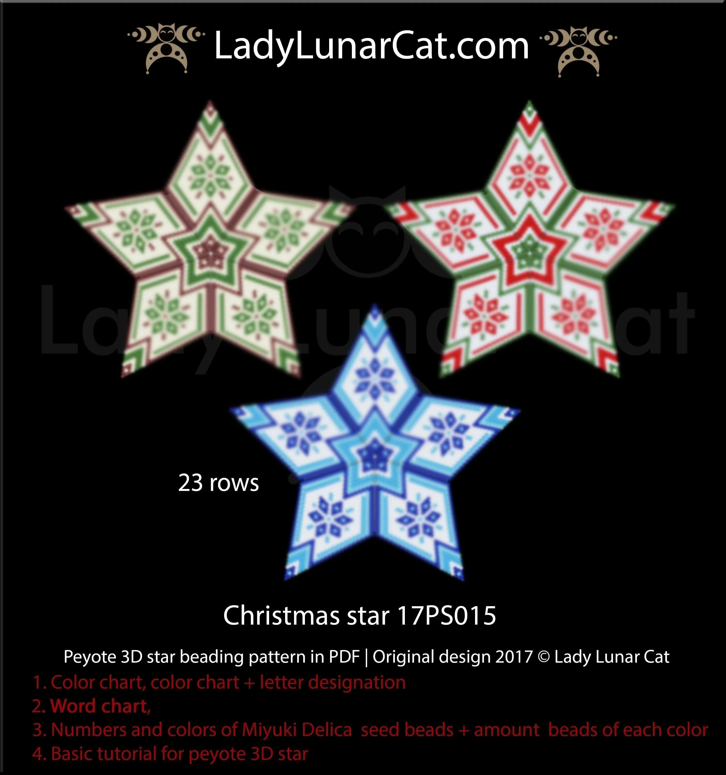 Christmas star peyote pattern preview — 3 colorways vintage holiday ornament beading LadyLunarCat