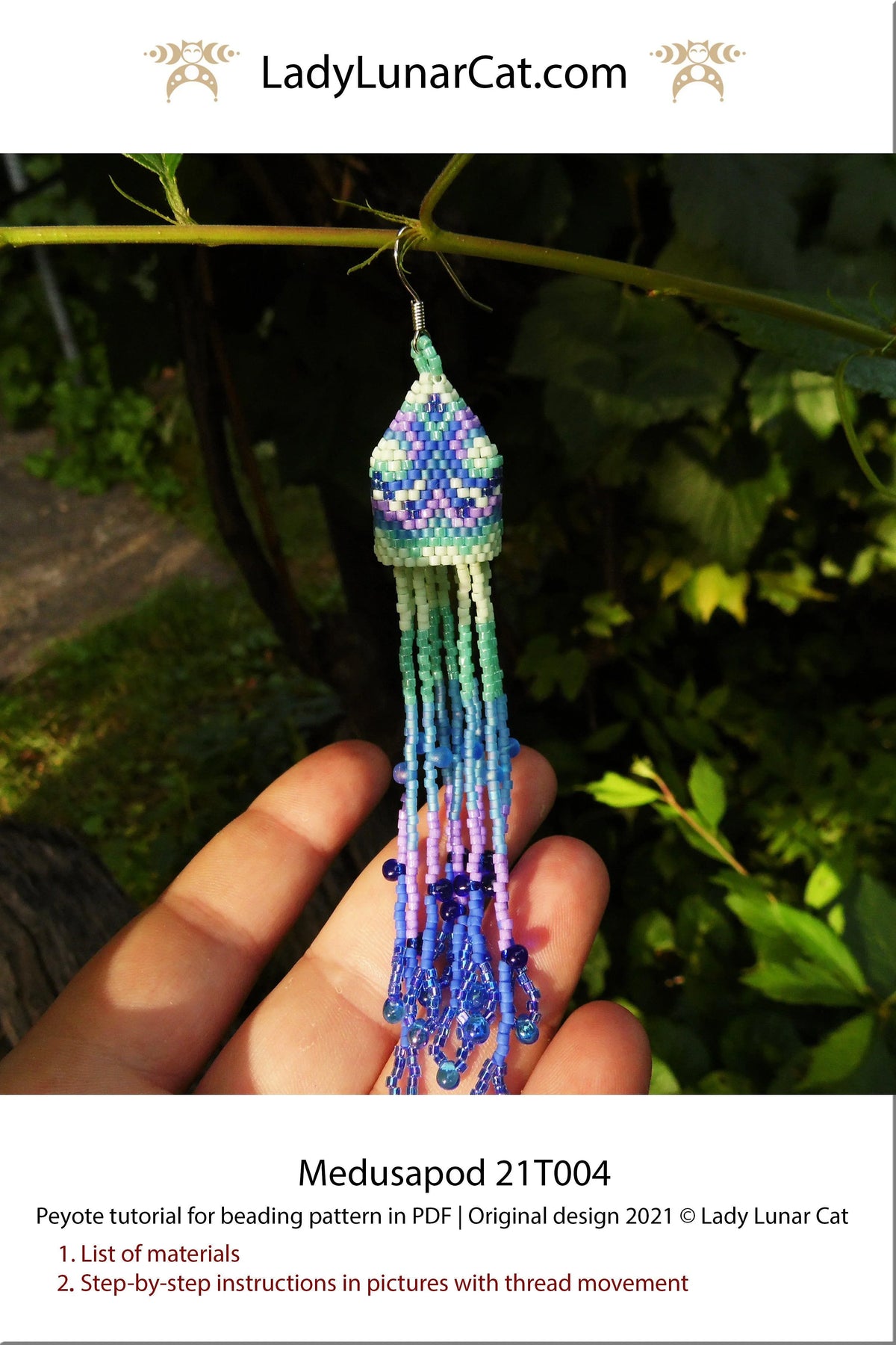 Medusa pod full view - jellyfish fringe earrings Miyuki Delica 11/0 beginner LadyLunarCat