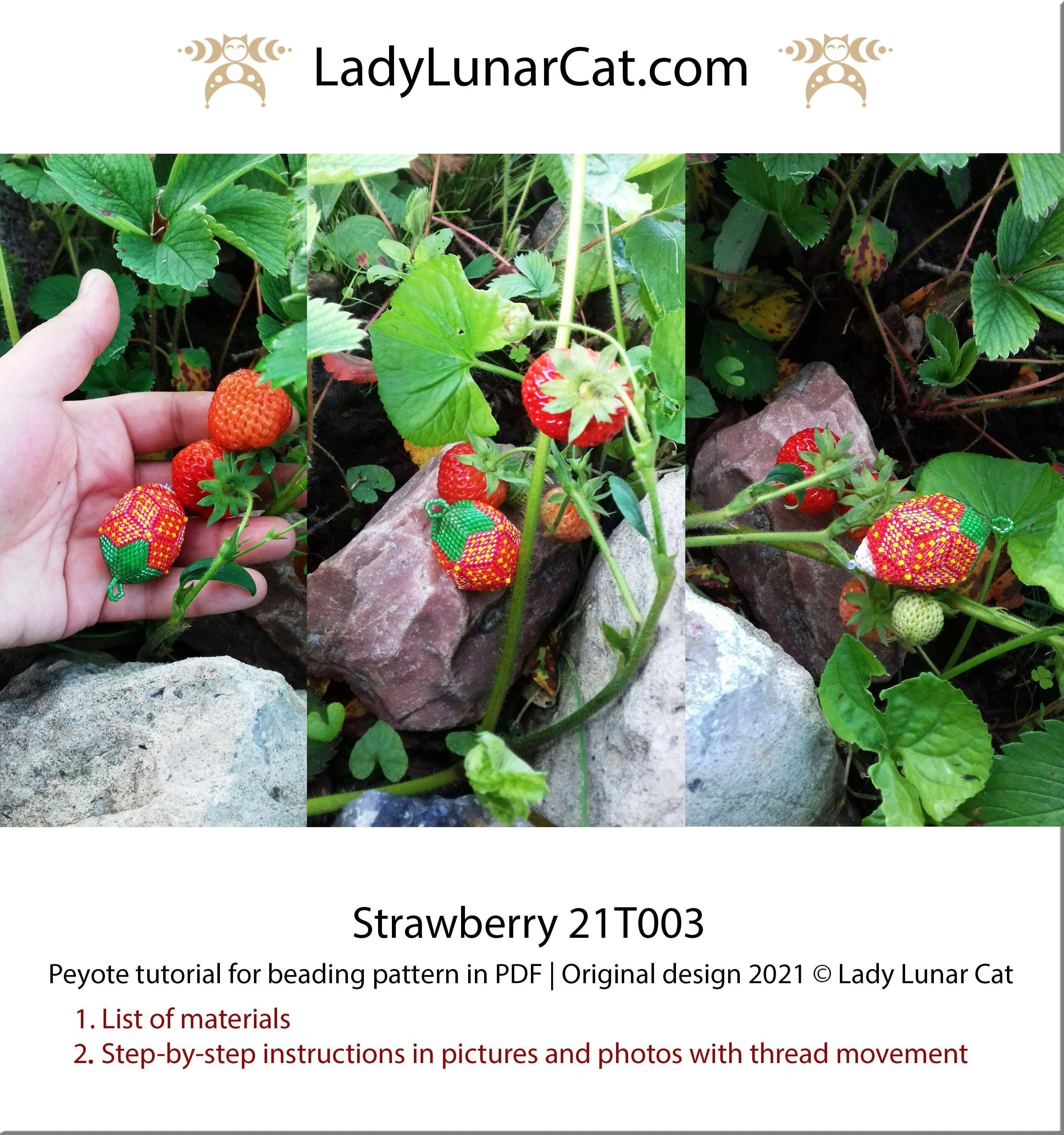 Strawberry beaded ornament - 3D peyote egg charm instant download LadyLunarCat
