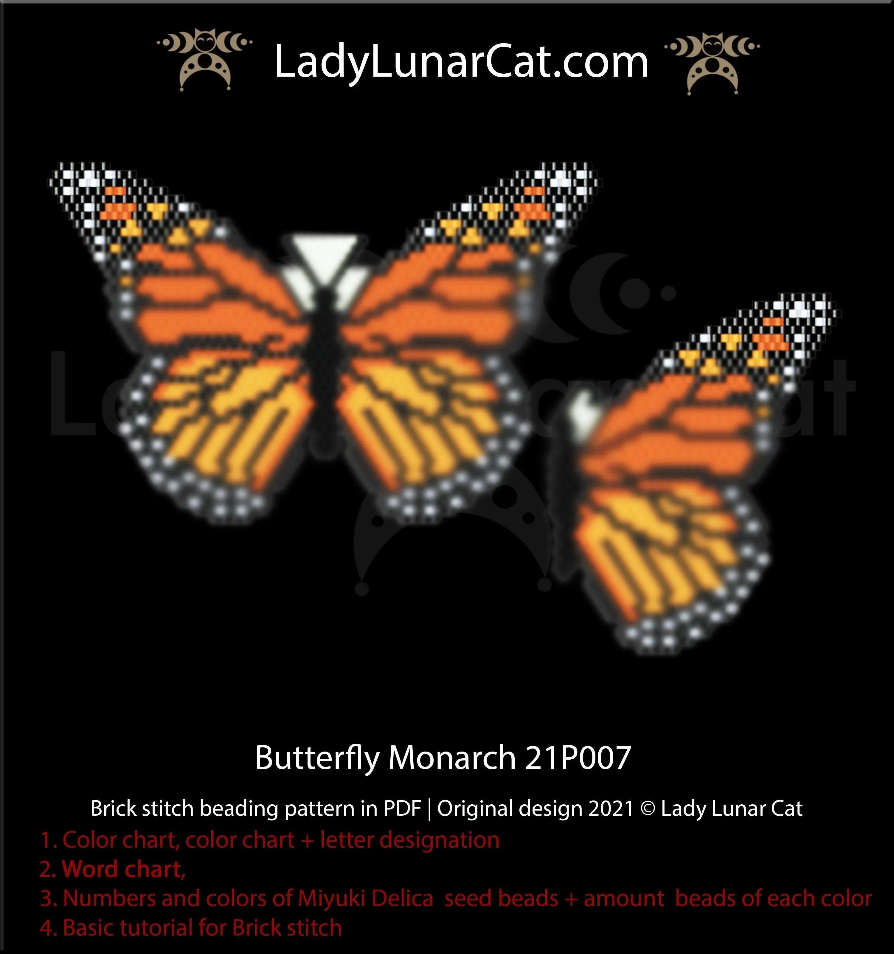 Monarch butterfly peyote pen wrap — 2 versions, 4 & 6 colors, 21×44 beads, Miyuki Delica 11/0
