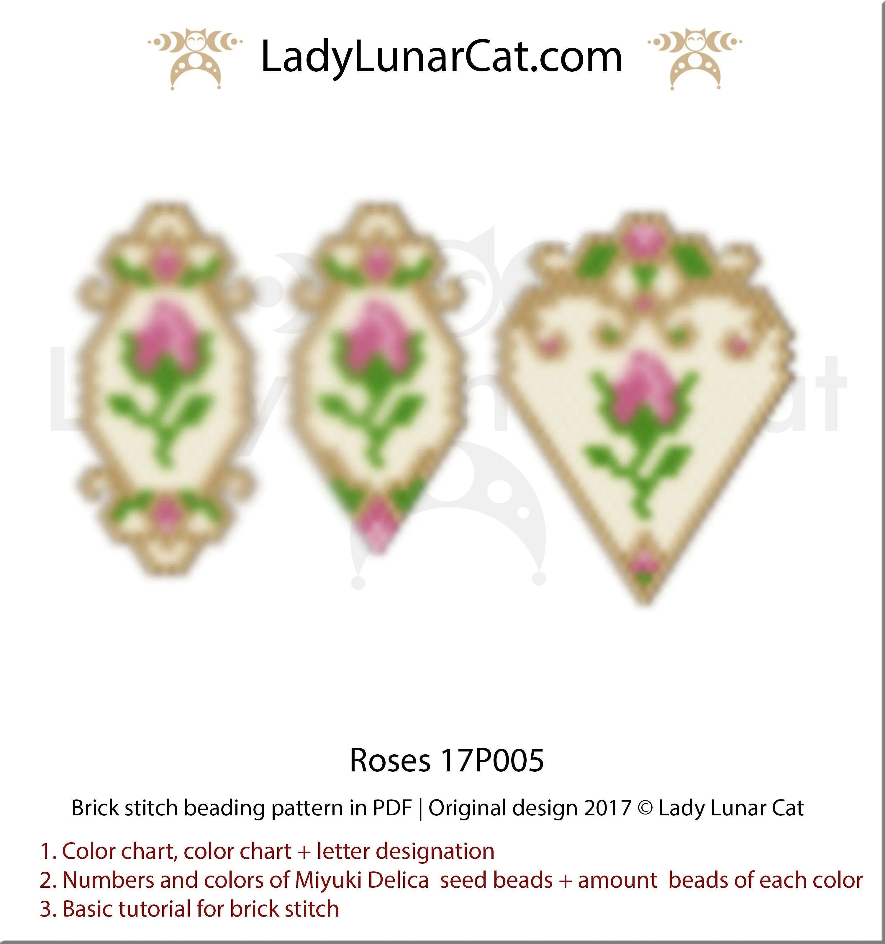 Vintage roses brick stitch pattern by Lady Lunar Cat — Rococo 3 designs earrings brooch pendant beading PDF 17P005