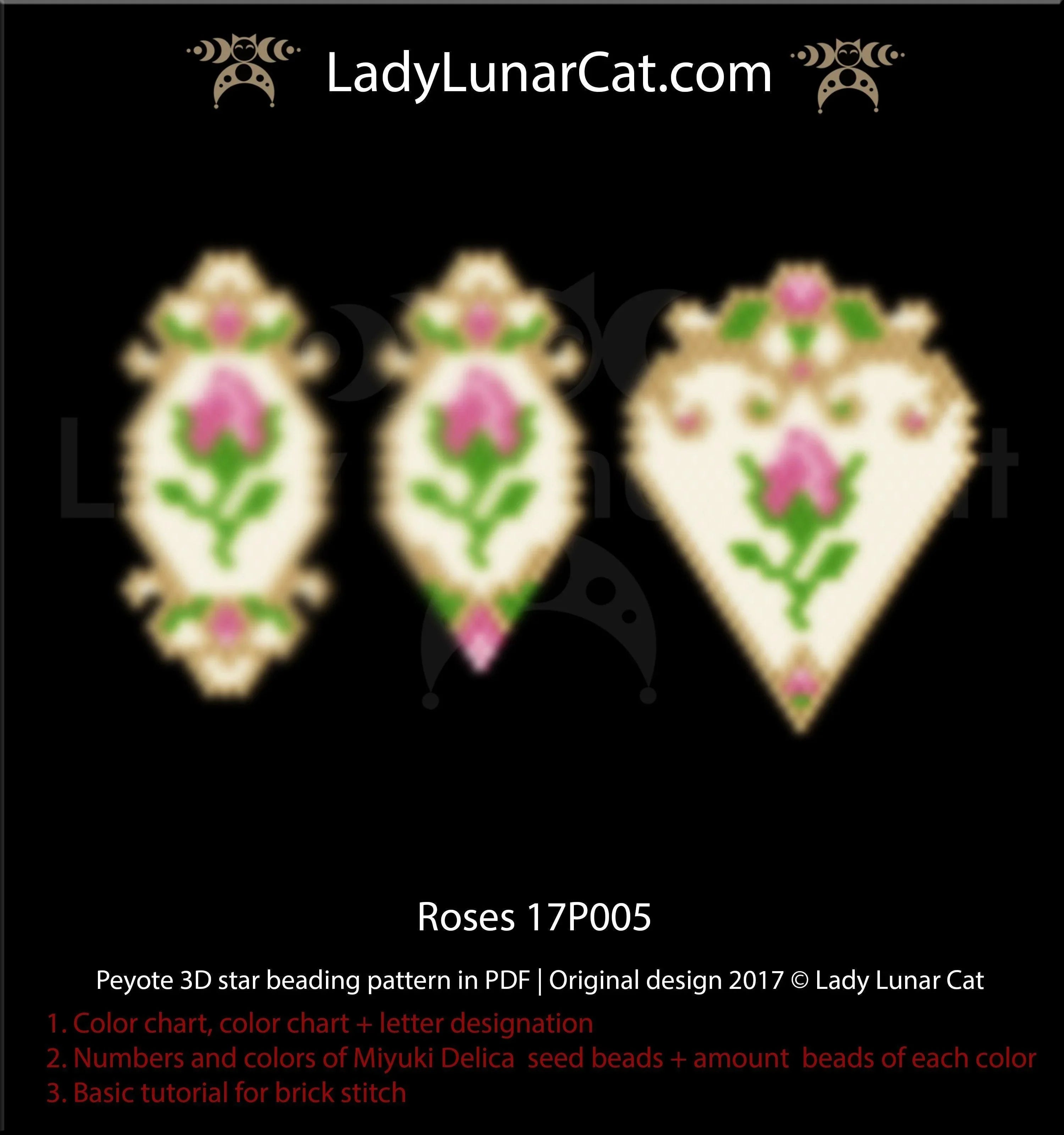 Vintage roses brick stitch — Rococo 3 designs earrings brooch pendant Valentine's Day beading LadyLunarCat