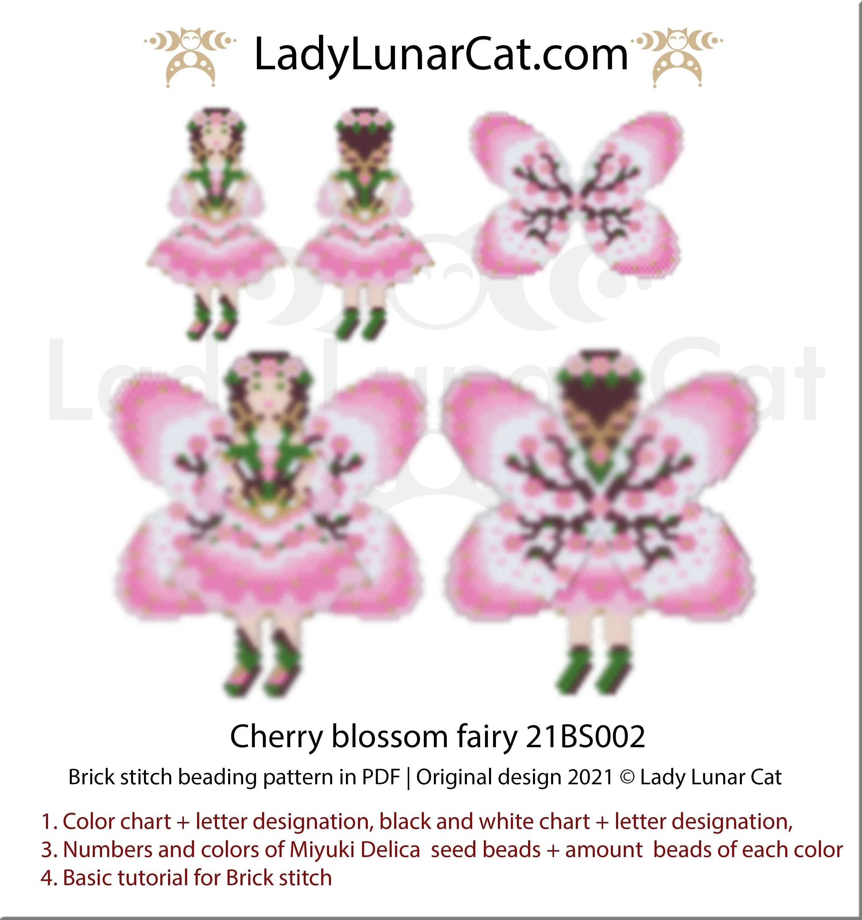Cherry blossom fairy brick stitch earrings by Lady Lunar Cat — sakura spring beading PDF 21BS002LadyLunarCat