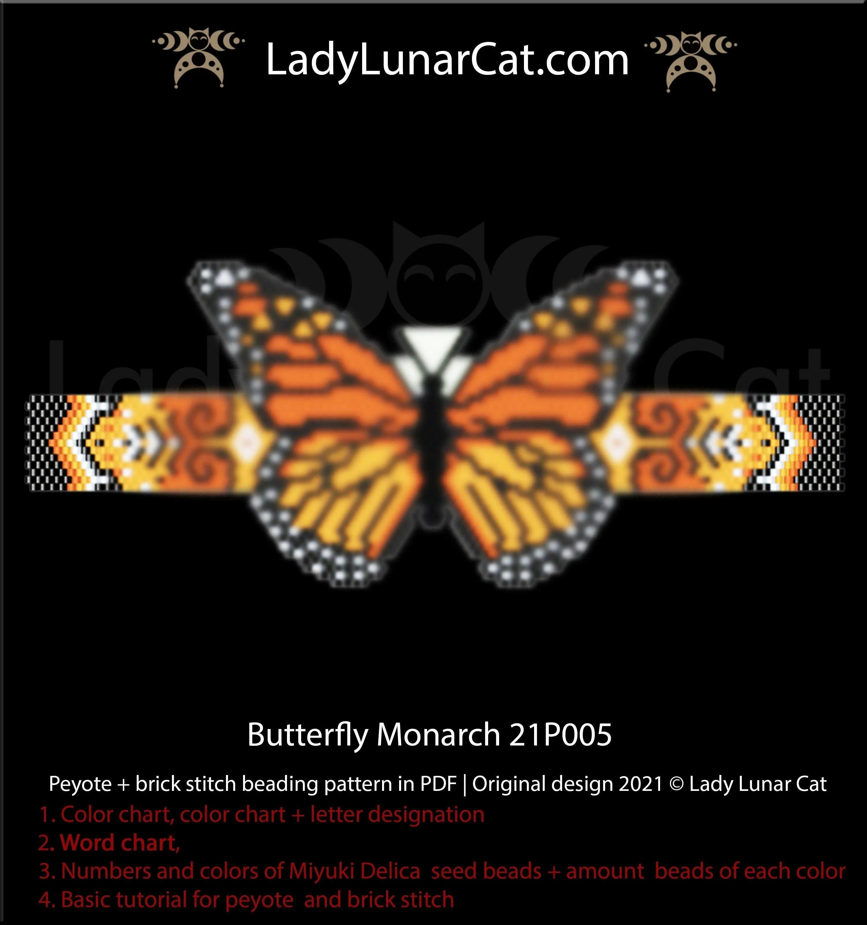 Monarch butterfly bracelet — 6 colors, 88×44 beads, brick & peyote stitch, Miyuki Delica 11/0