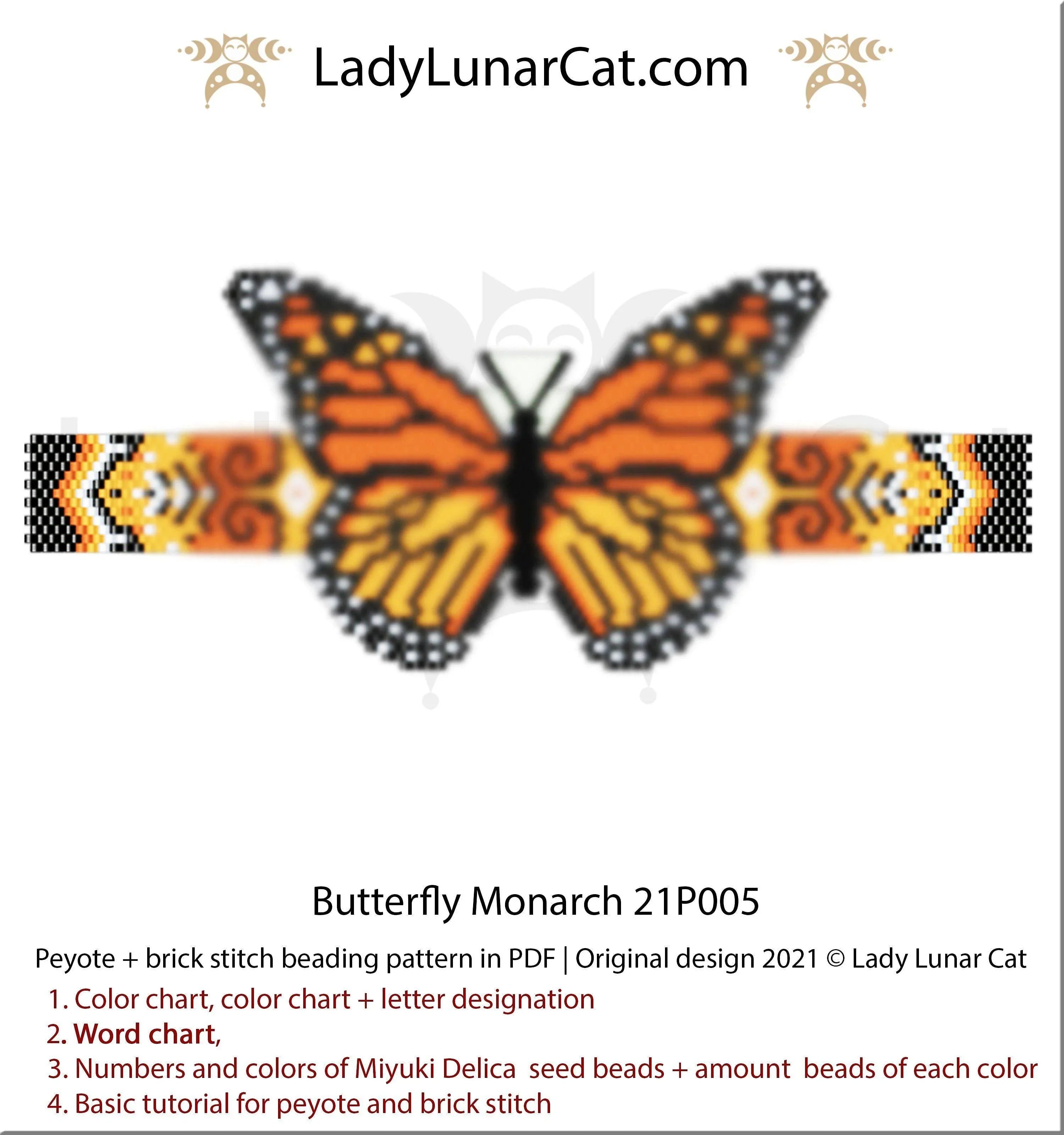 Monarch butterfly bracelet pattern PDF by Lady Lunar Cat — brick & peyote stitch 21P005