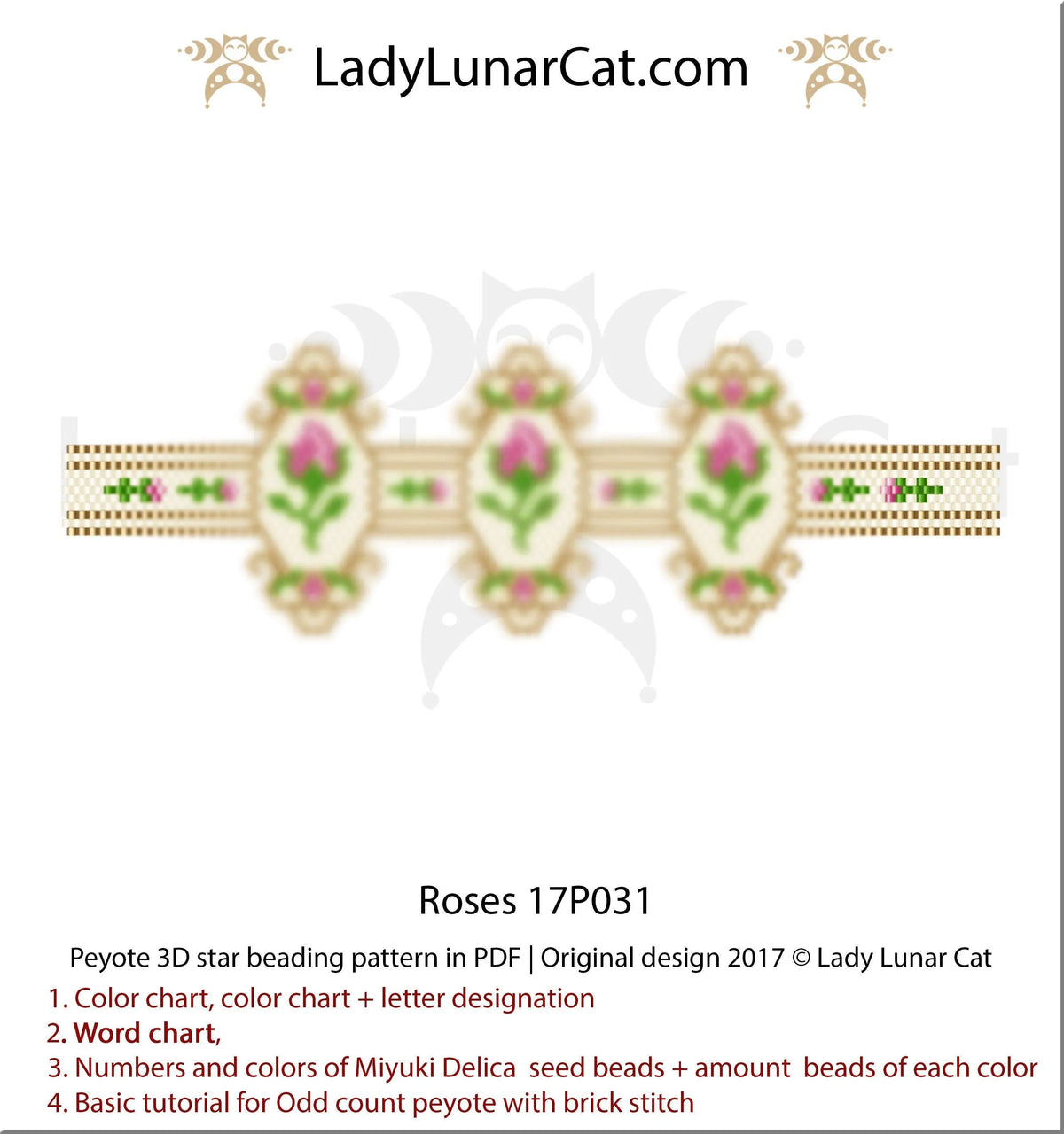 Roses peyote bracelet pattern PDF by Lady Lunar Cat — vintage floral 17P031
