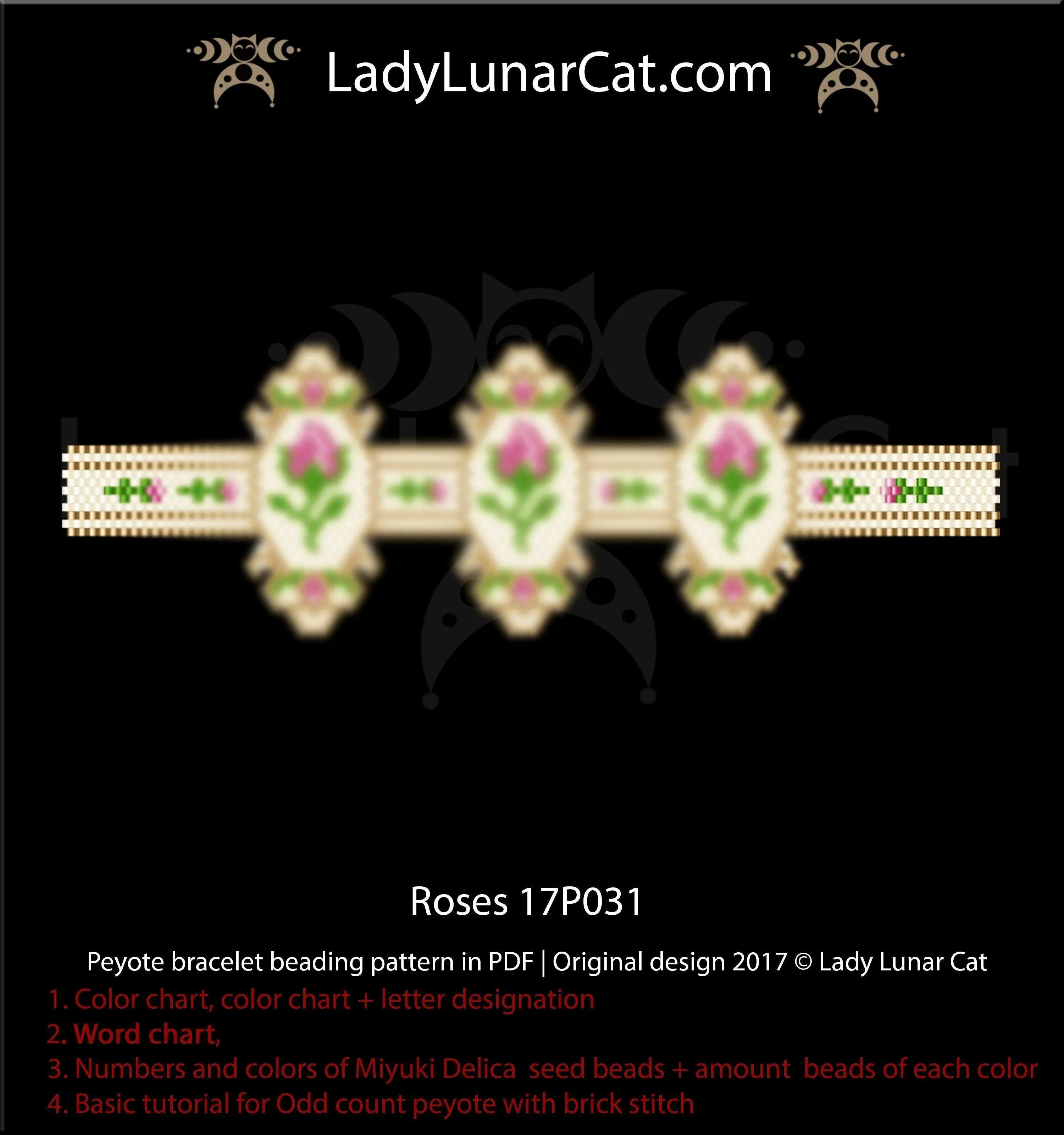 Vintage roses peyote bracelet beading pattern — 5 colors, Miyuki Delica 11/0