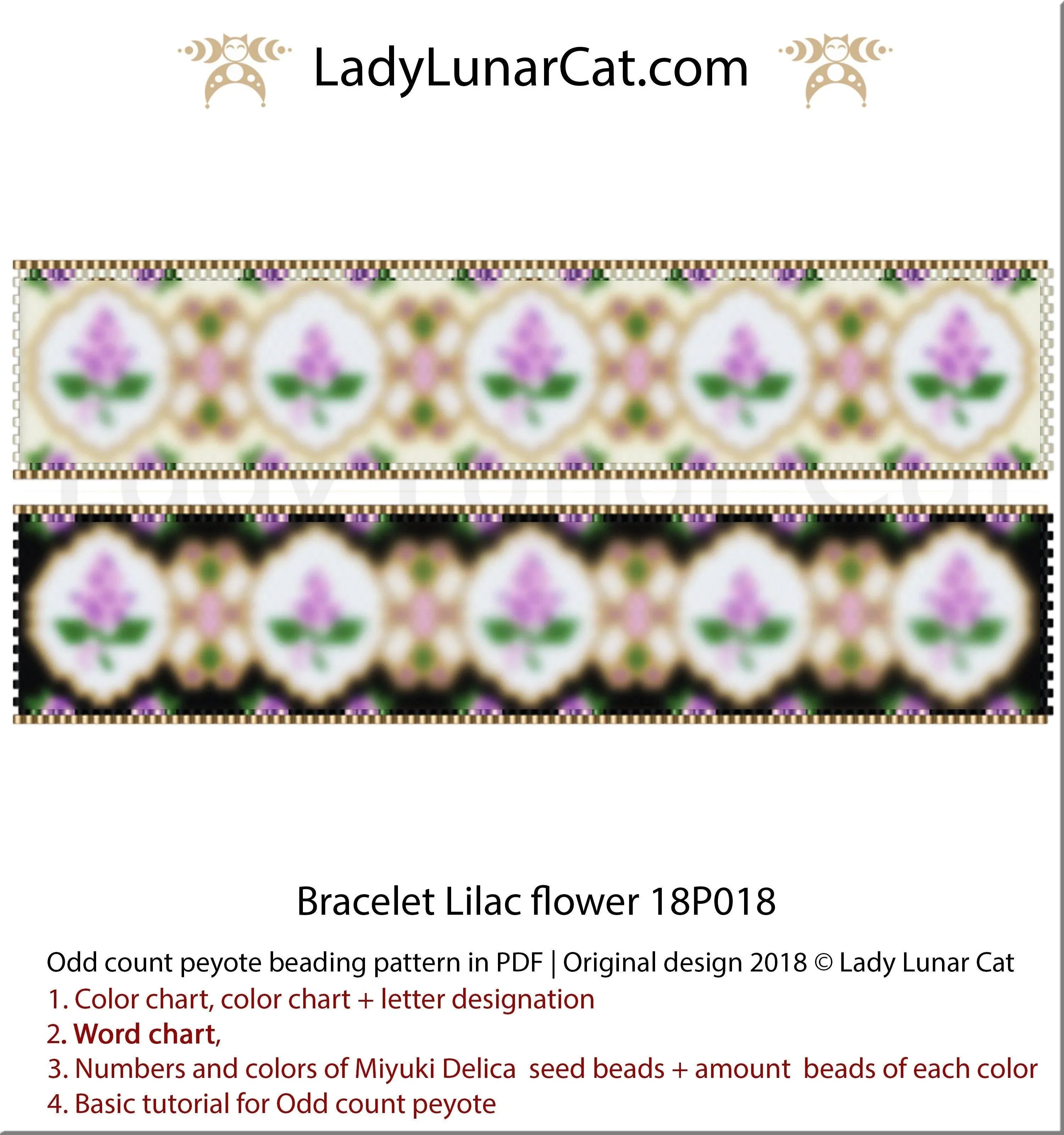 Lilac flower peyote bracelet - 92x25 beads 2 colorways 6+6 colors vintage PDF LadyLunarCat