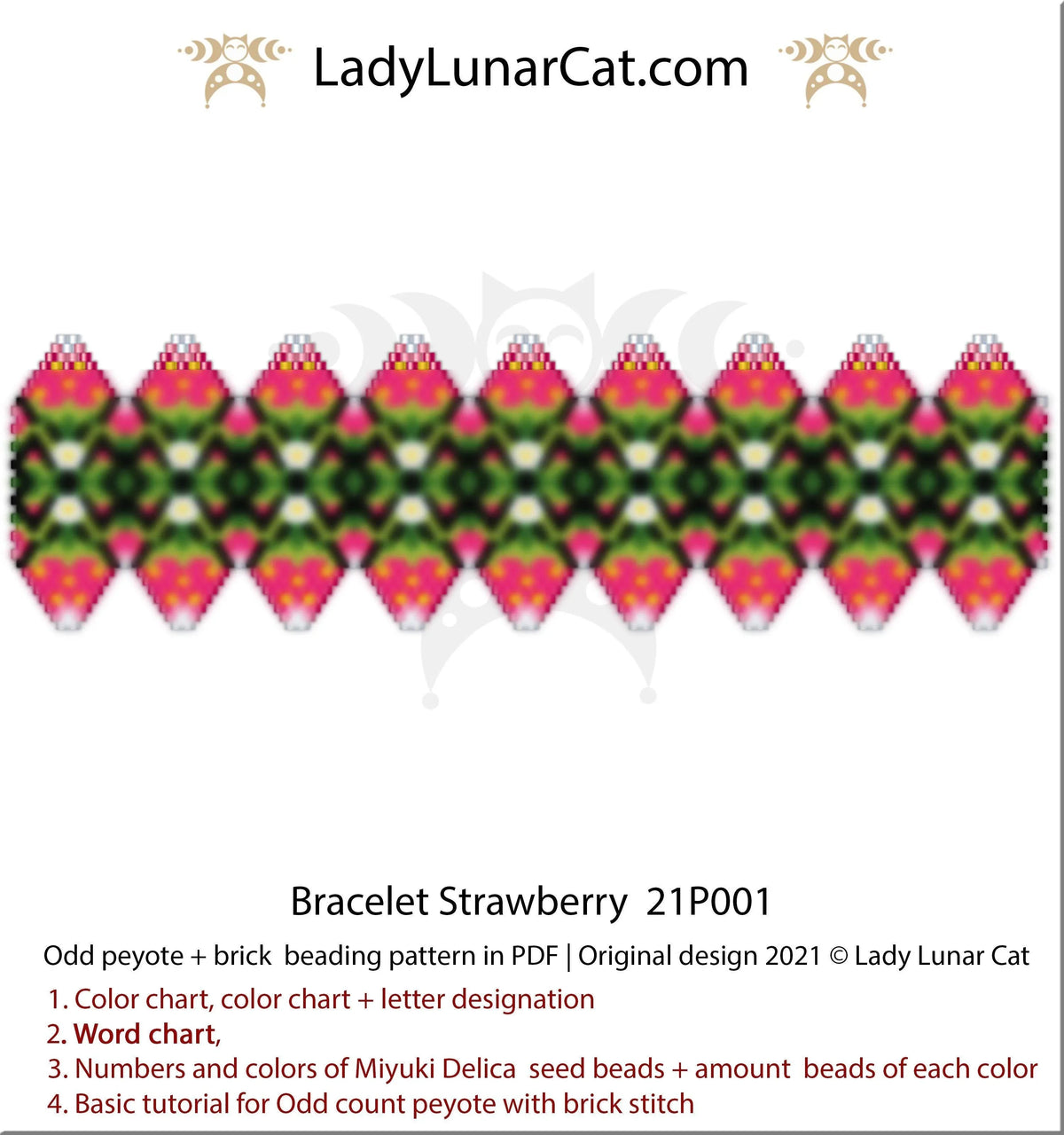 Strawberry beaded bracelet full view - cottagecore red summer Miyuki Delica LadyLunarCat