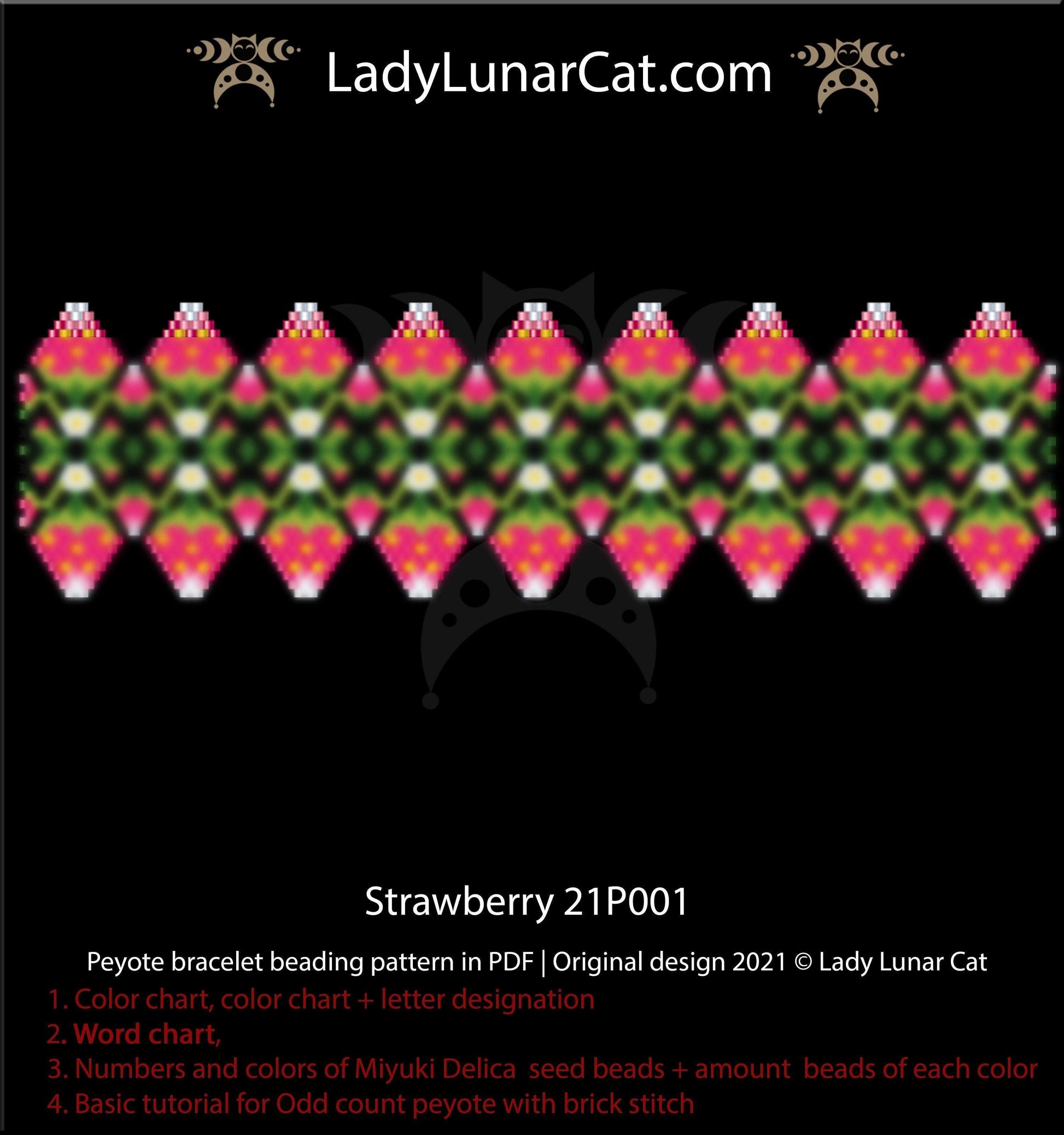 Copy of Odd count peyote bracelet pattern for beading Strawberries 18P021 LadyLunarCat