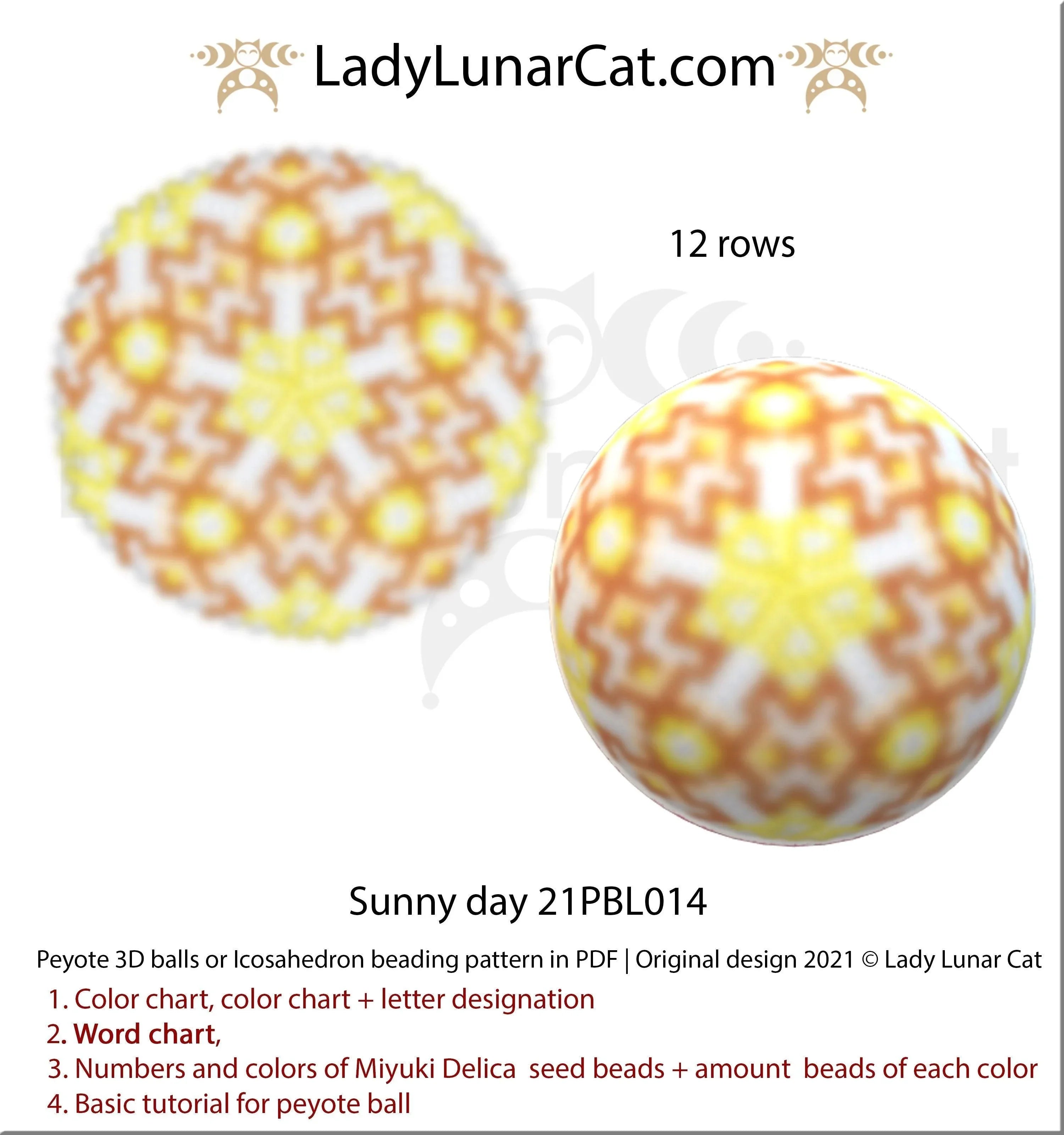 Peyote 3D ball sunny day — 12 corner rows, warm summer tones, instant download