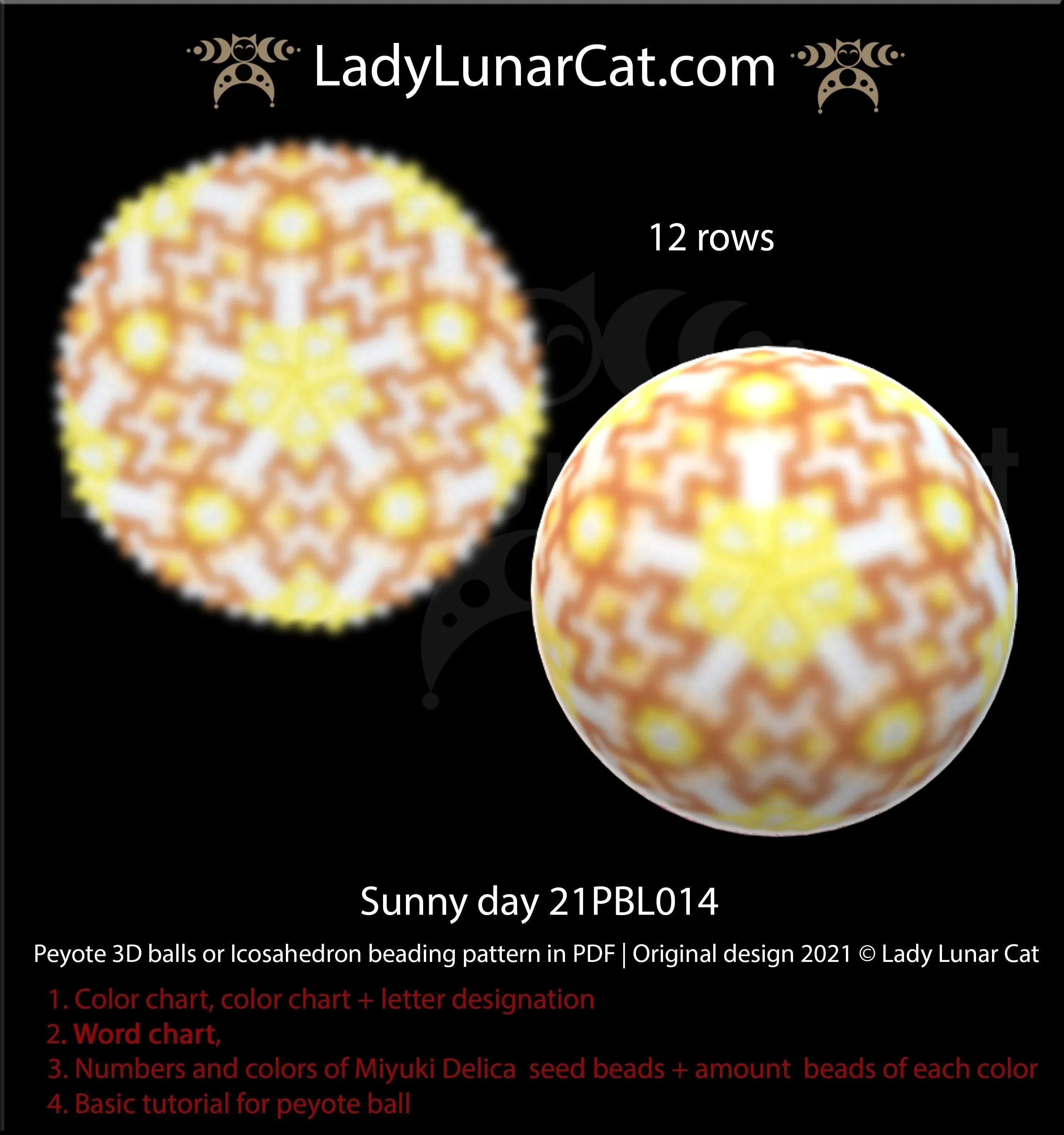 Warm sunny day peyote icosahedron beading pattern — 4 colors, 12 corner rows, Miyuki Delica 11/0
