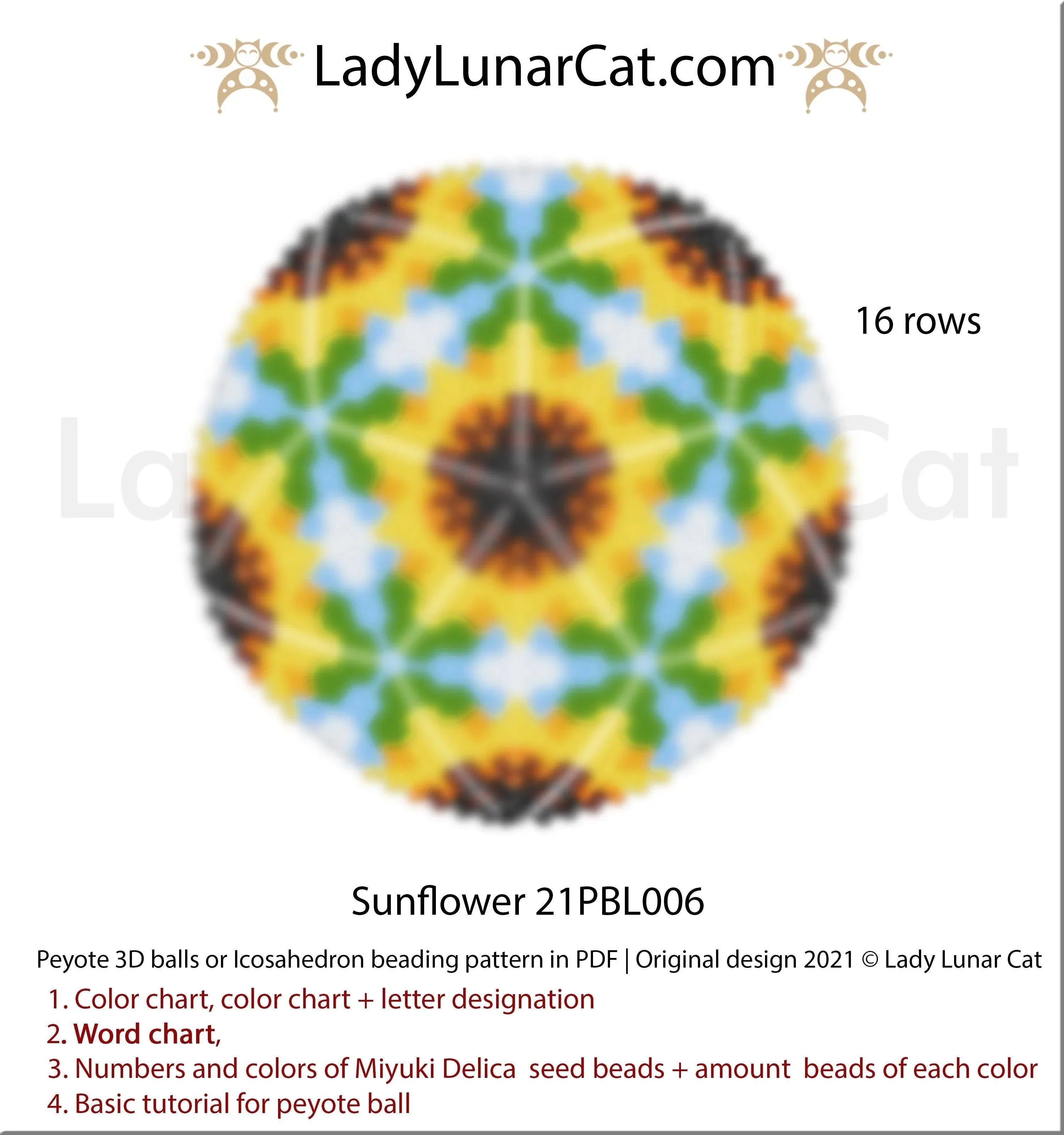Sunflower beaded icosahedron full view - golden yellow warm summer Miyuki Delica LadyLunarCat