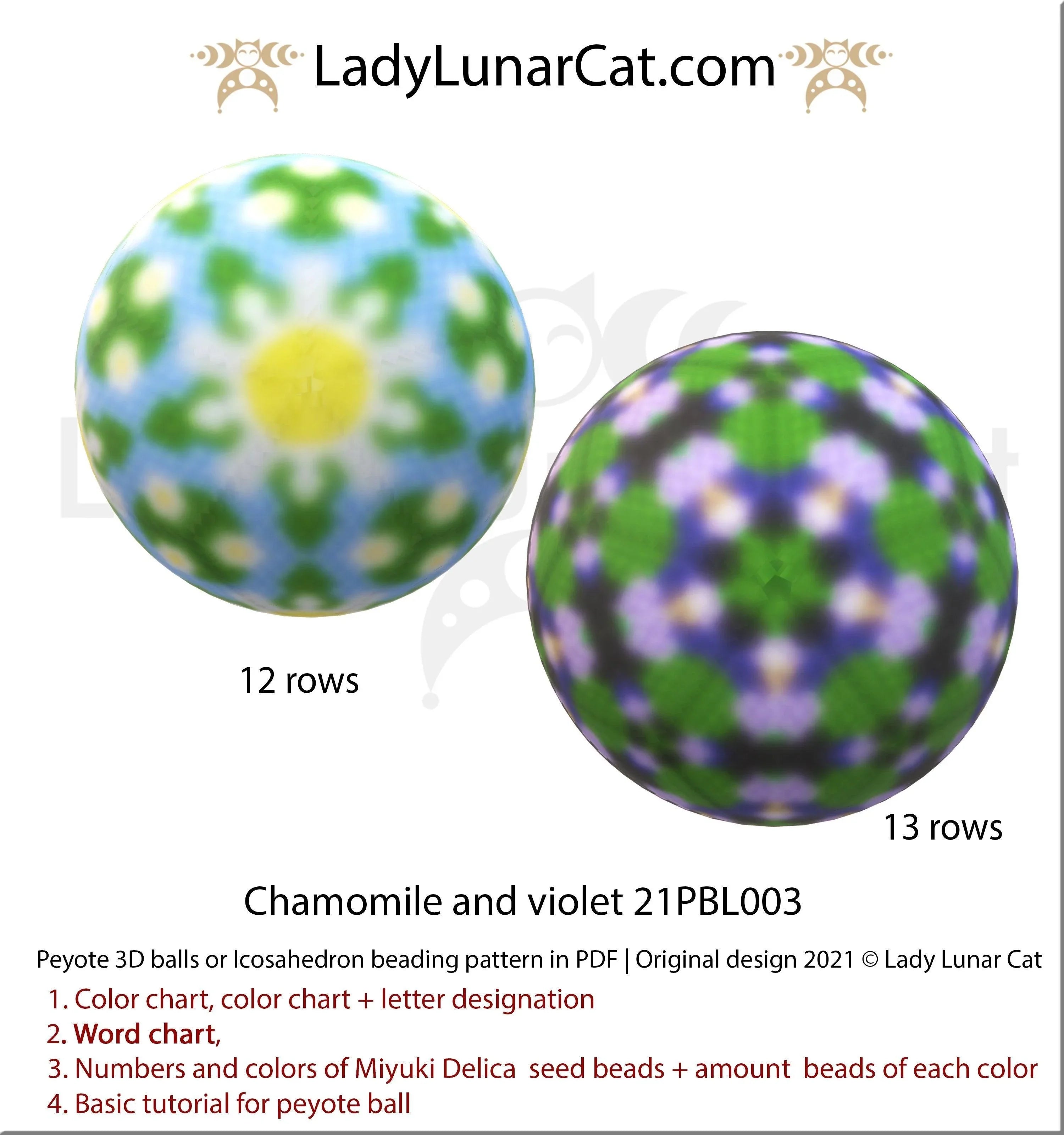 Chamomile and Violet peyote 3D ball - 2 designs 12+13 rows spring floral PDF LadyLunarCat