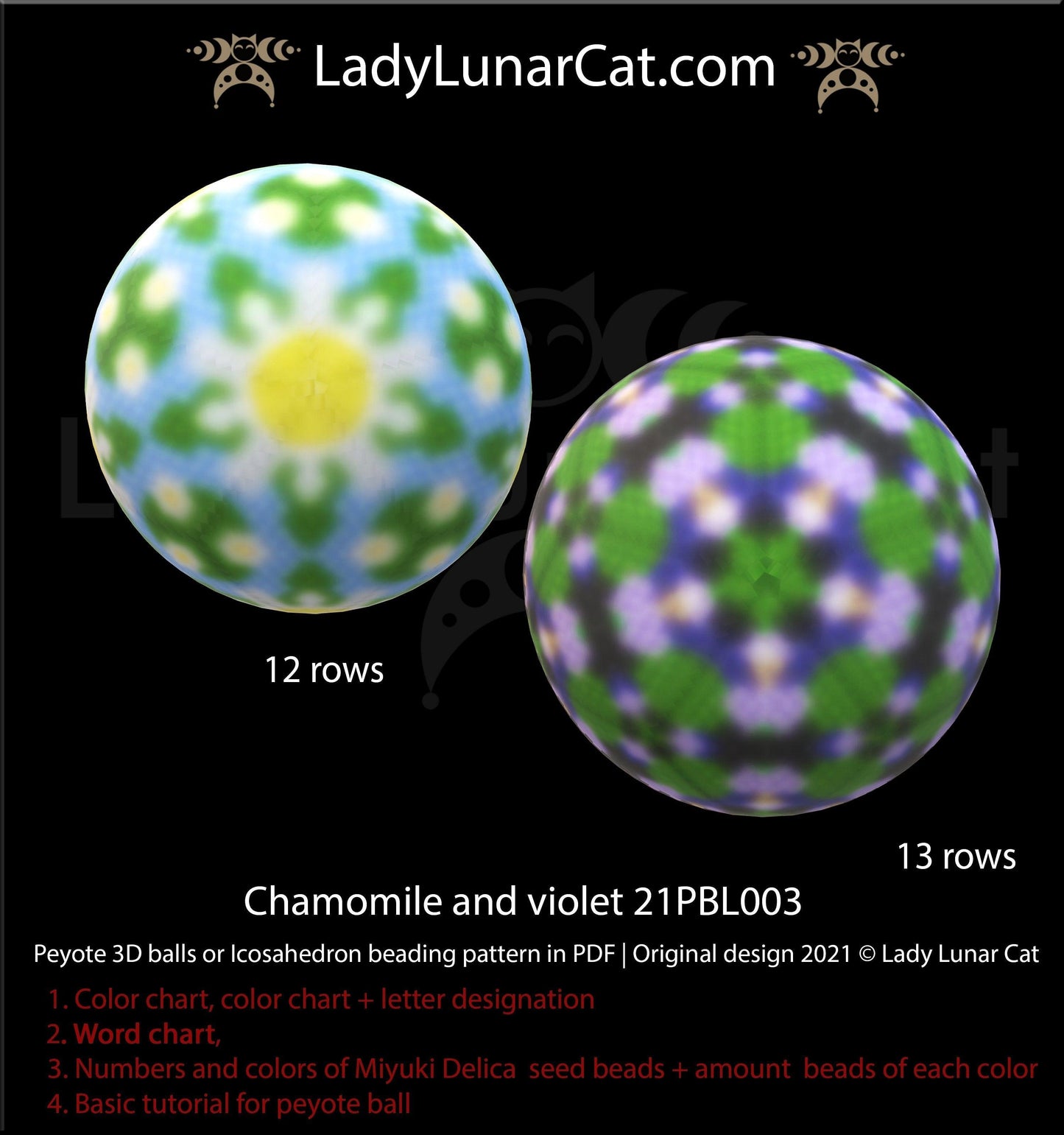 Copy of Peyote 3d ball pattern for beading | Beaded Icosahedron Spring flowers 21PBL004 10 and 9 rows LadyLunarCat