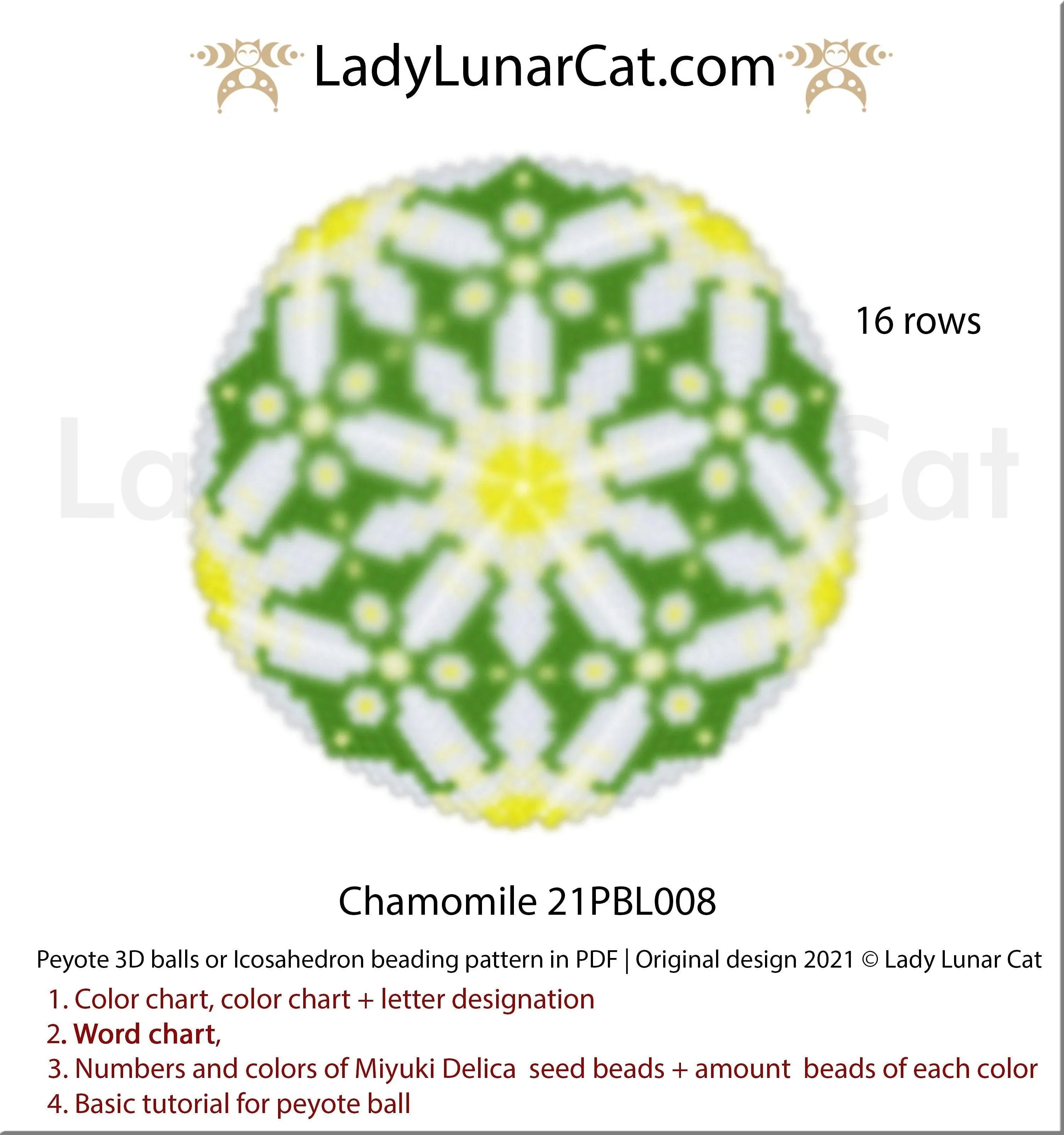 Chamomile peyote 3D ball - 16 rows 4 colors daisy spring floral PDF LadyLunarCat