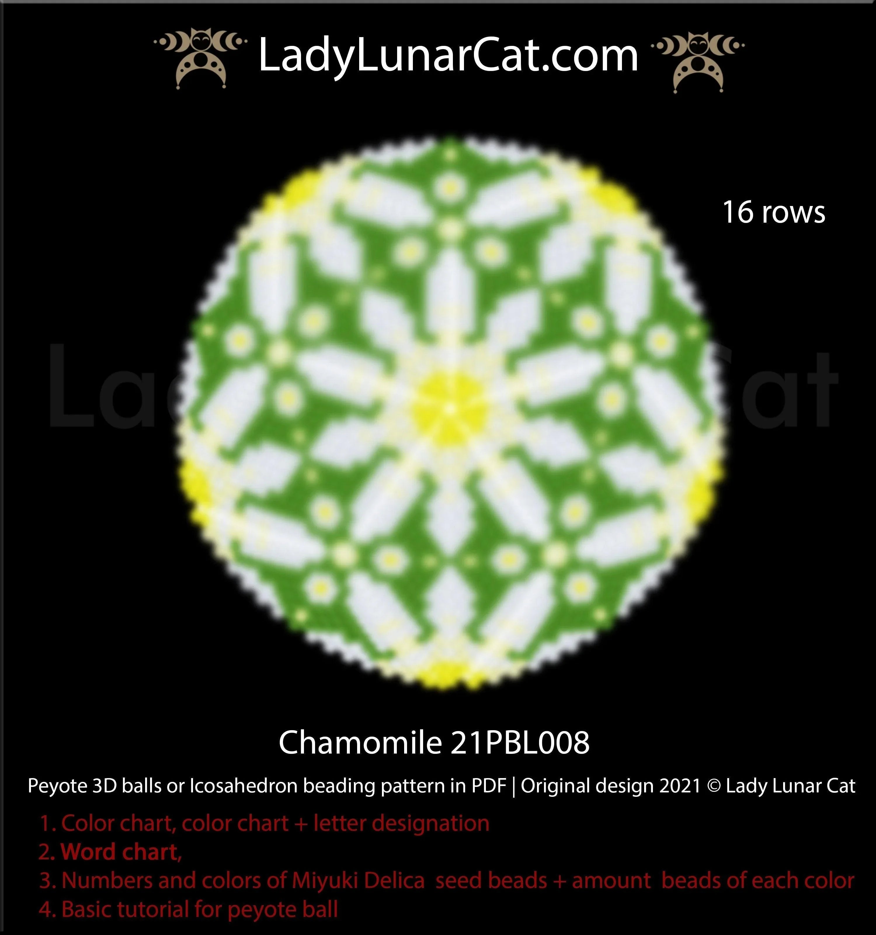 Chamomile beaded ball full view - white daisy golden centre Miyuki Delica LadyLunarCat