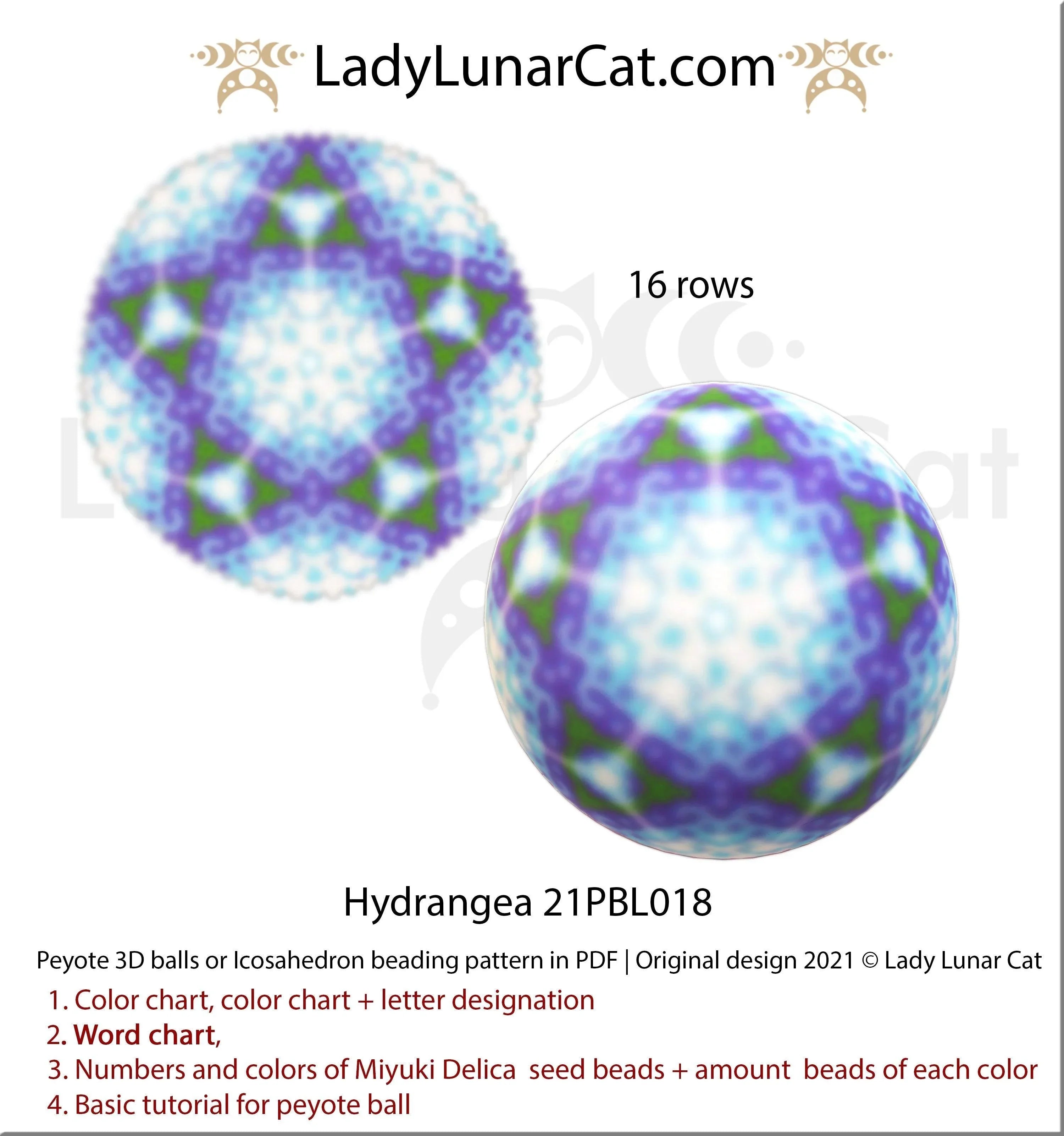 Peyote 3D ball pattern hydrangea — 16 corner rows, blue floral, instant download