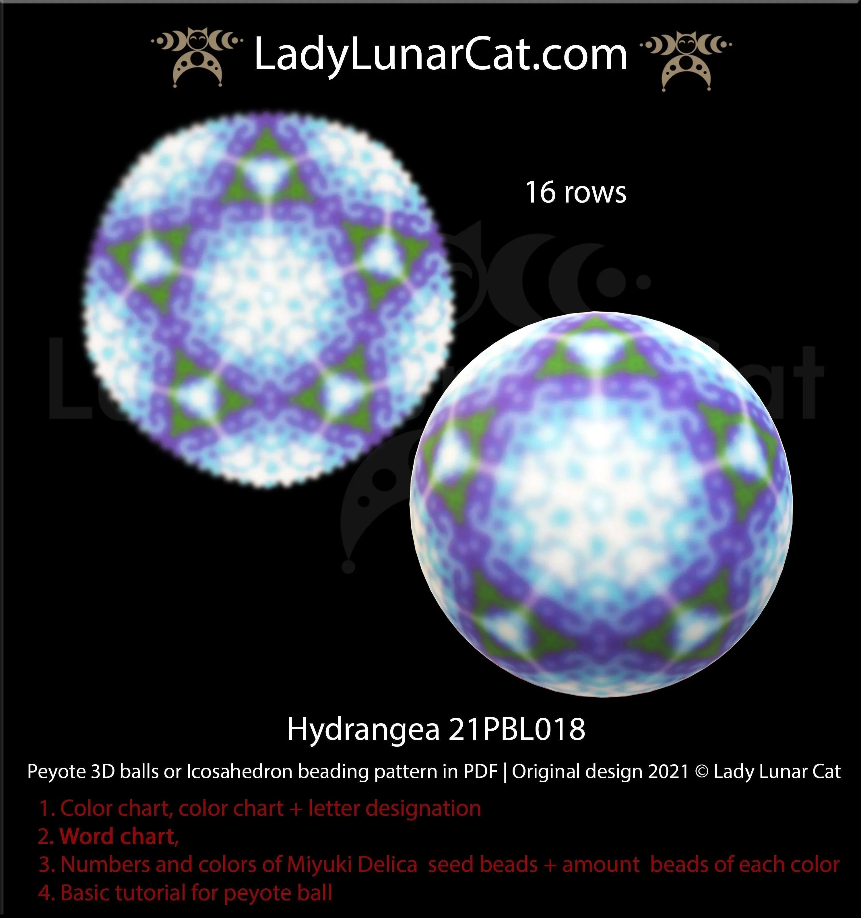 Blue hydrangea peyote icosahedron beading pattern — 5 colors, Miyuki Delica 11/0