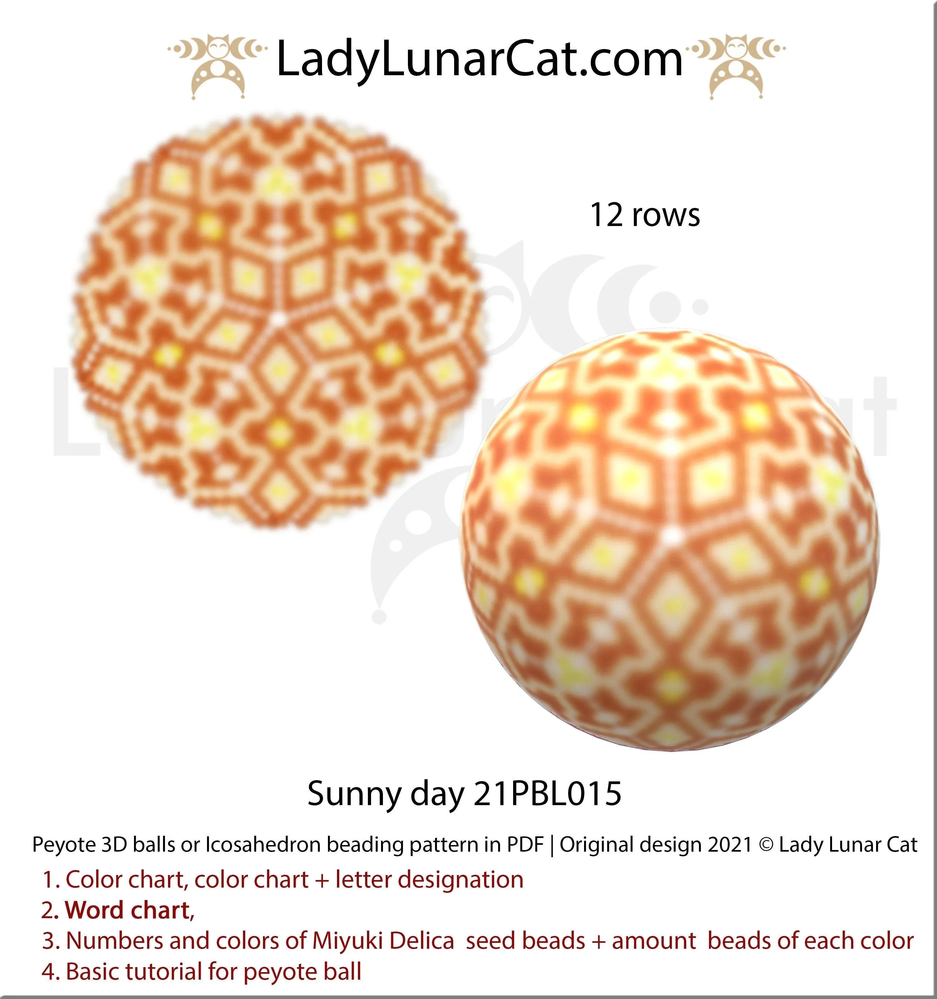 Sunny Day peyote 3D ball pattern PDF by Lady Lunar Cat — beaded icosahedron 21PBL015