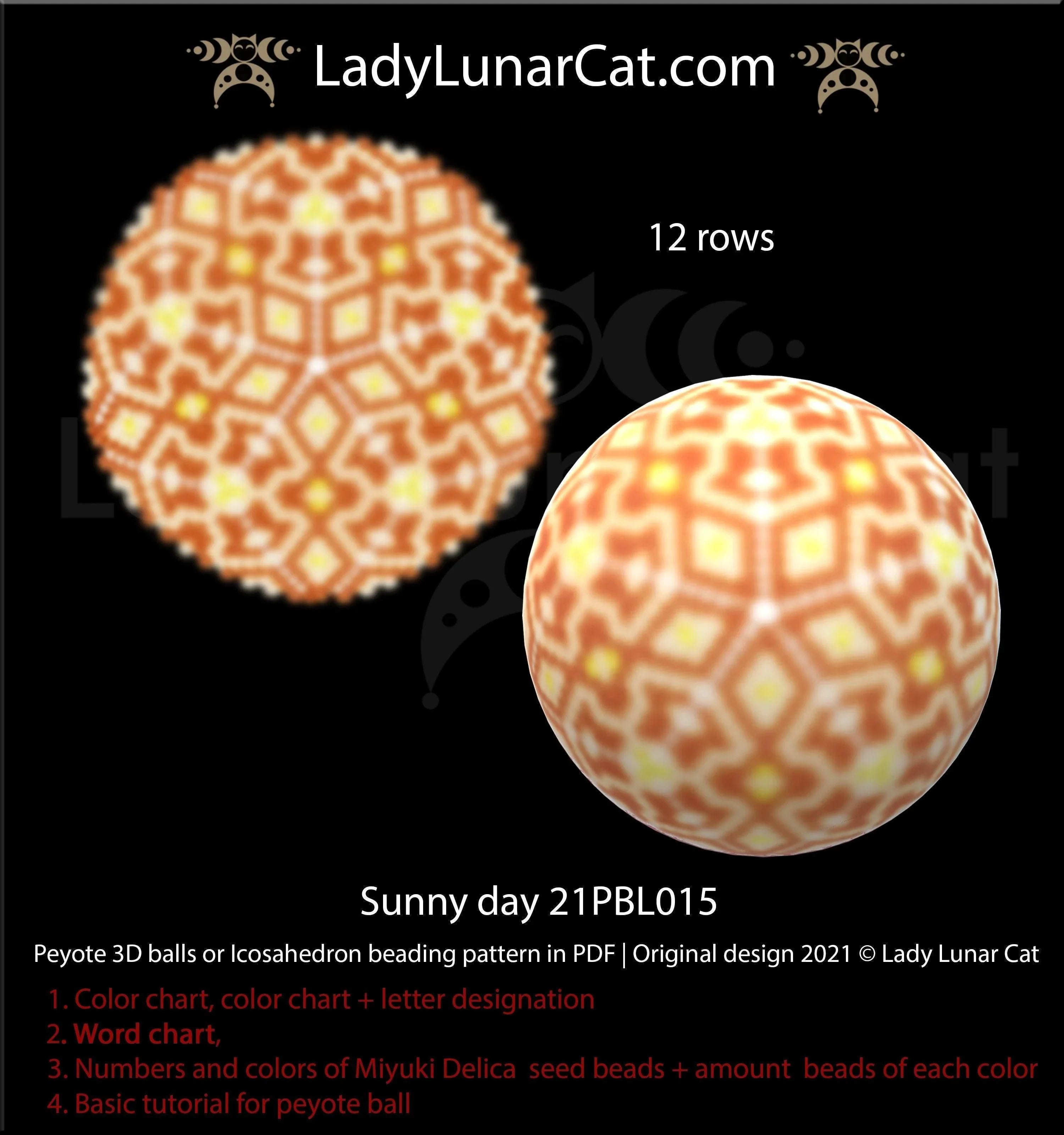 Sunny day peyote icosahedron beading pattern — 3 colors, Miyuki Delica 11/0