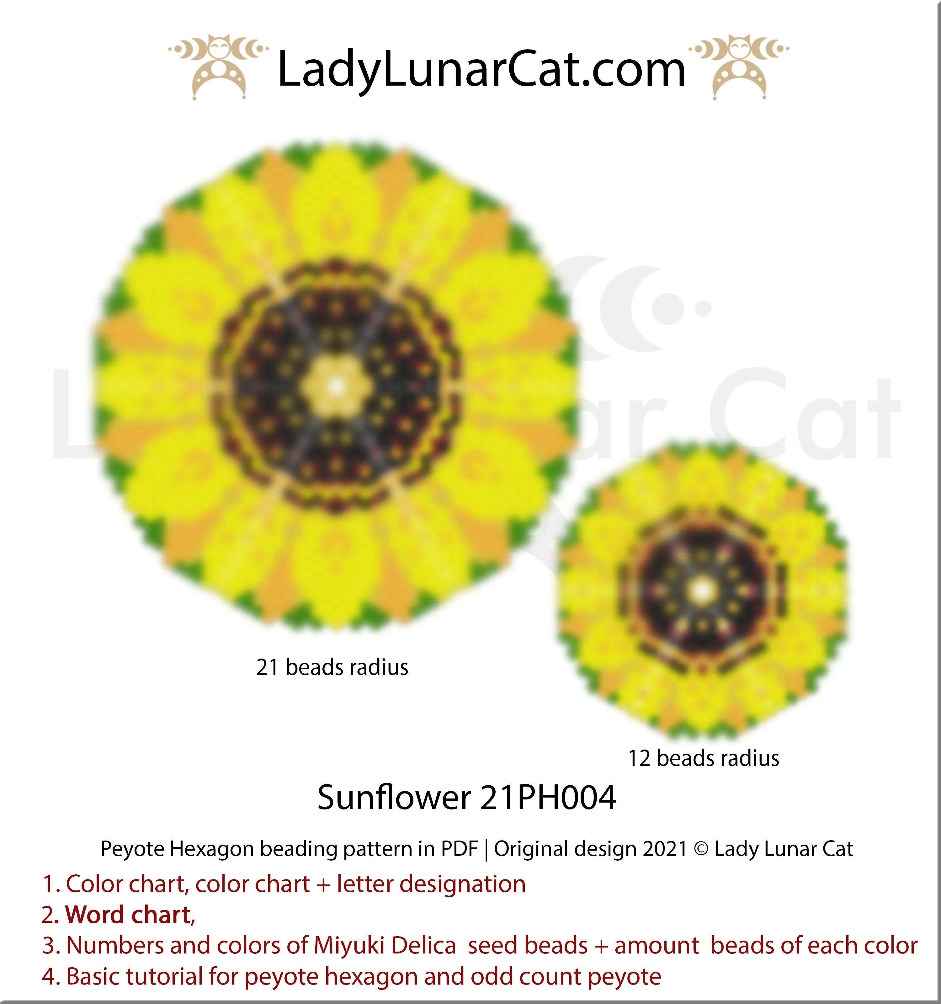 Sunflower peyote hexagon pattern by Lady Lunar Cat — 2 sizes pendant earrings summer beading PDF 21PH004