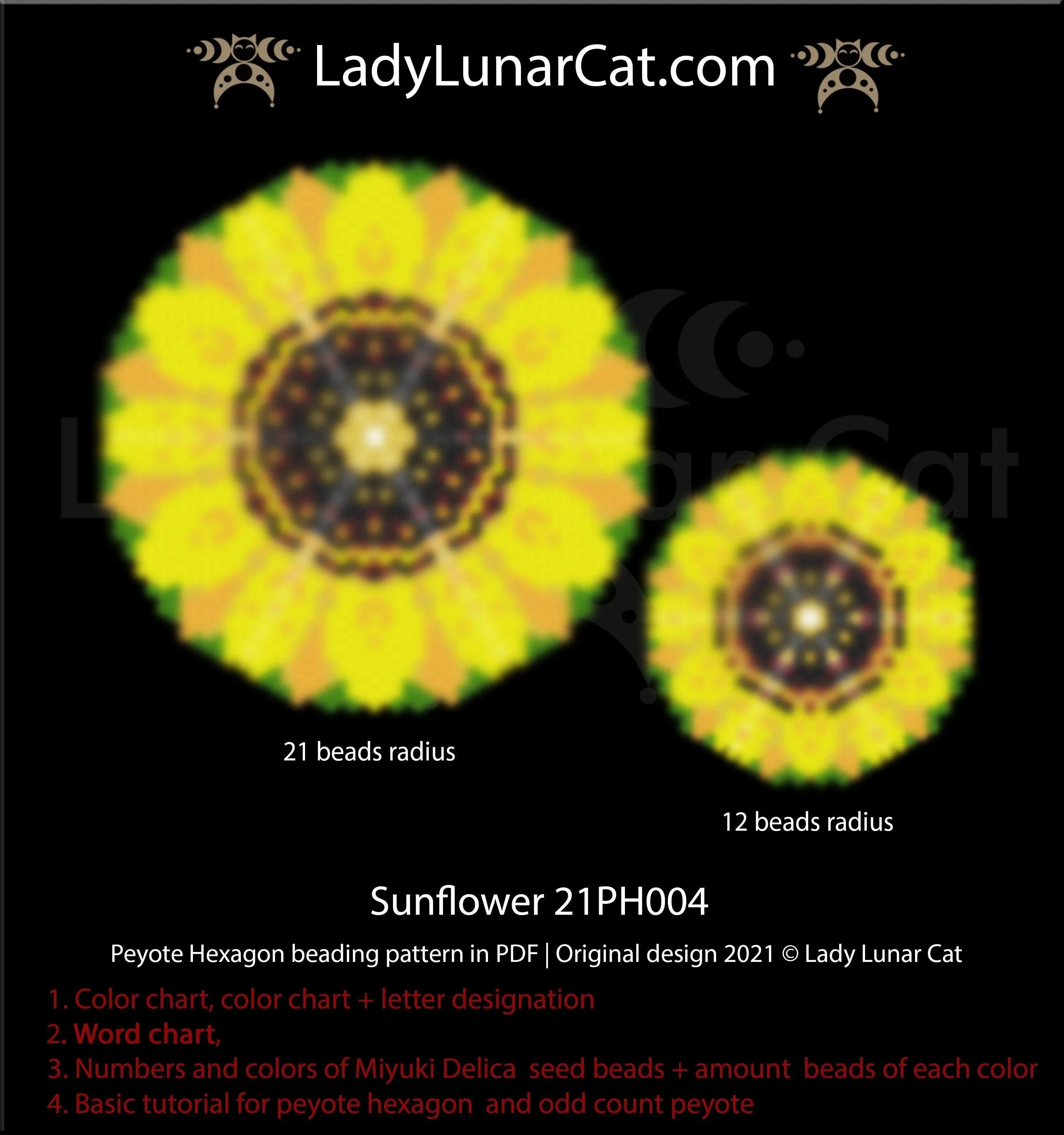 Sunflower hexagon rivoli — 2 sizes pendant earrings summer mandala beading LadyLunarCat