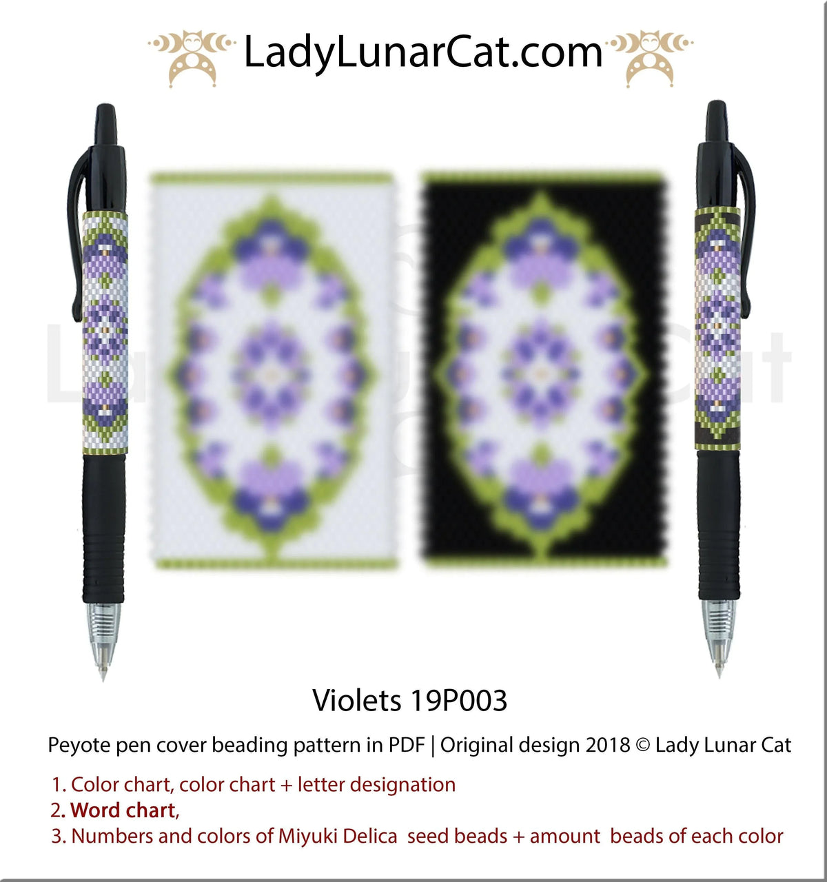 Violets peyote pen cover - 2 variations 5+6 colors spring floral PDF LadyLunarCat