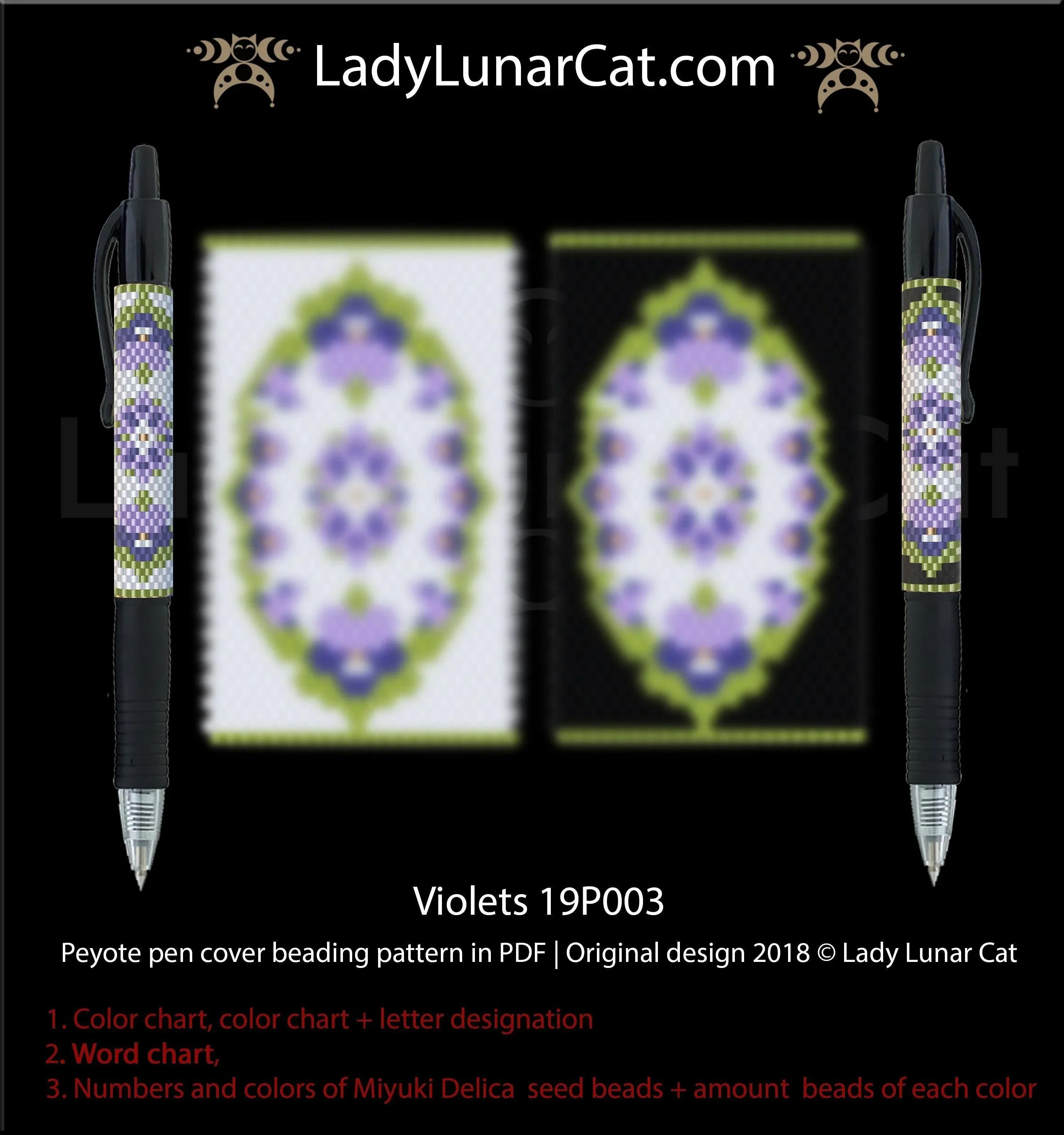 Violets beaded pen wrap variation 1 - soft purple spring Miyuki Delica LadyLunarCat