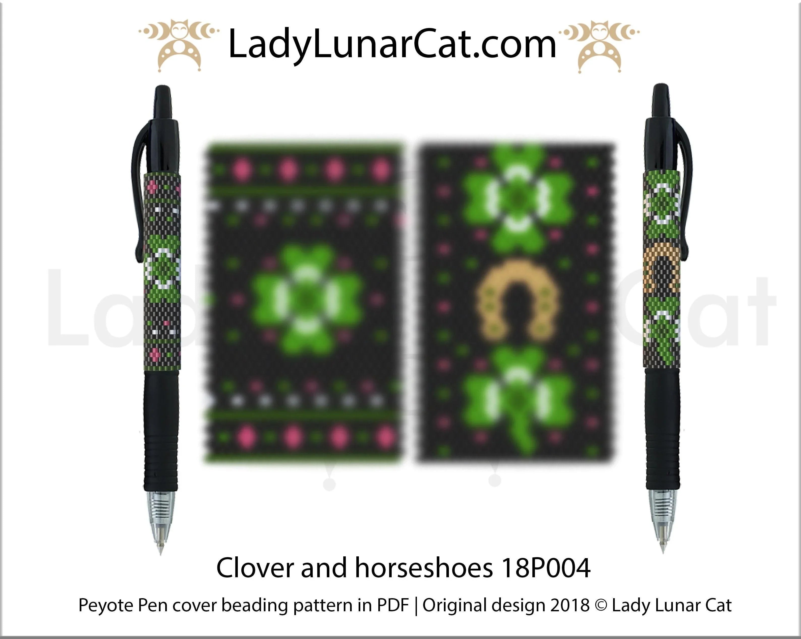 Clover and Horseshoes peyote pen cover - 2 variations lucky gift St. Patrick's Day PDF LadyLunarCat