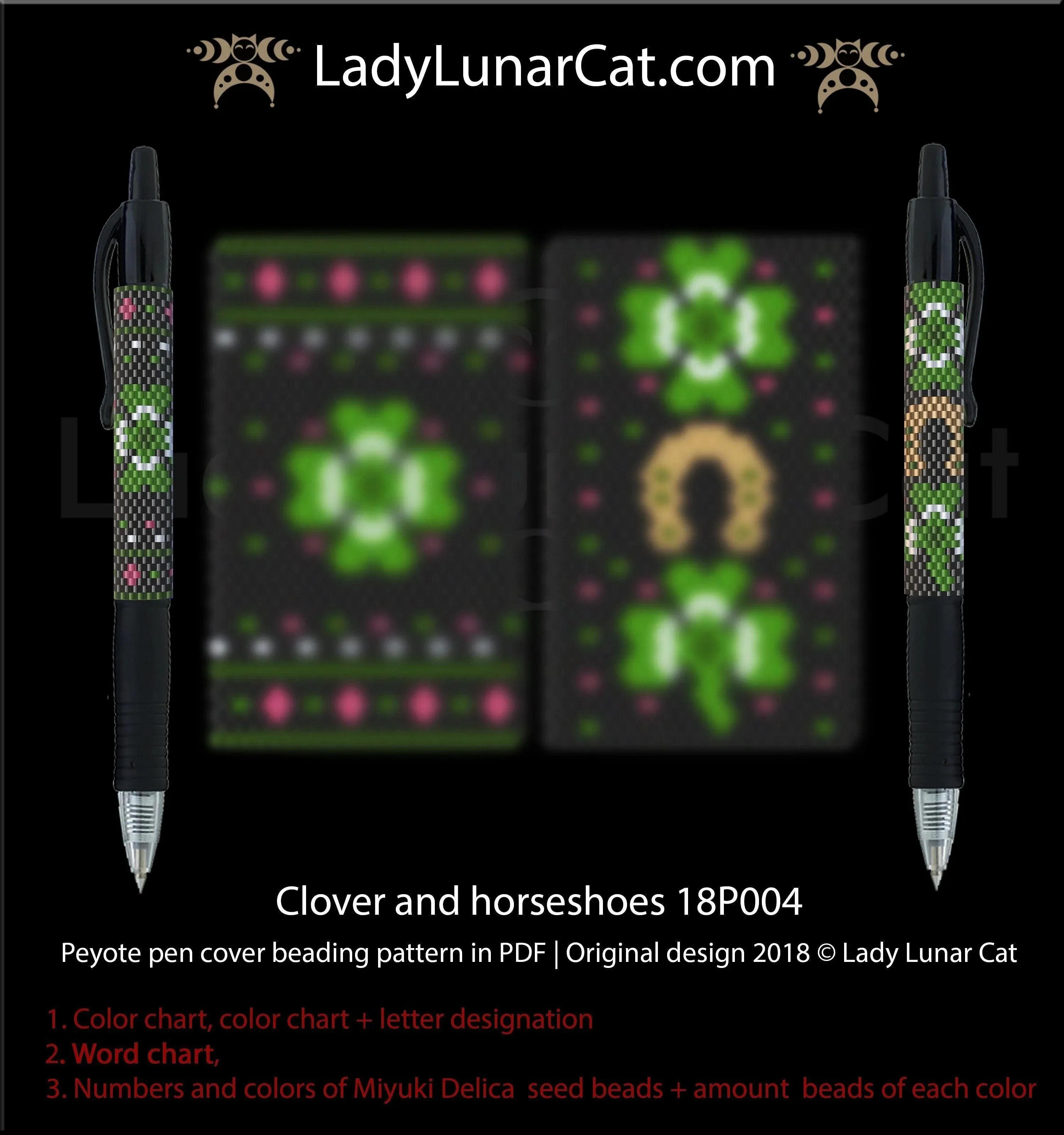 Clover peyote pen wrap - 5 colors green lucky charm Miyuki Delica LadyLunarCat