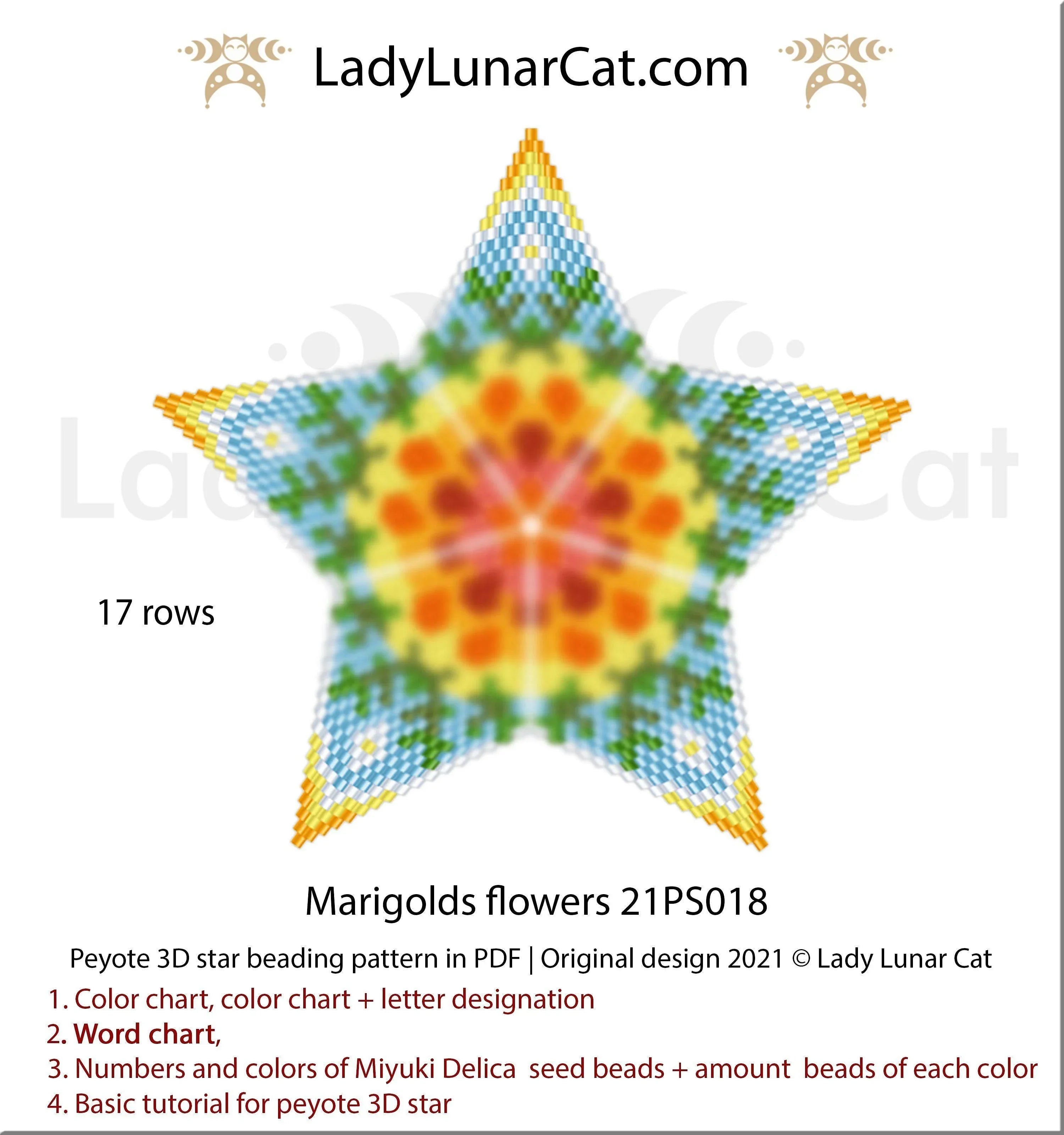 Marigolds peyote star pattern PDF by Lady Lunar Cat — autumn floral 21PS018