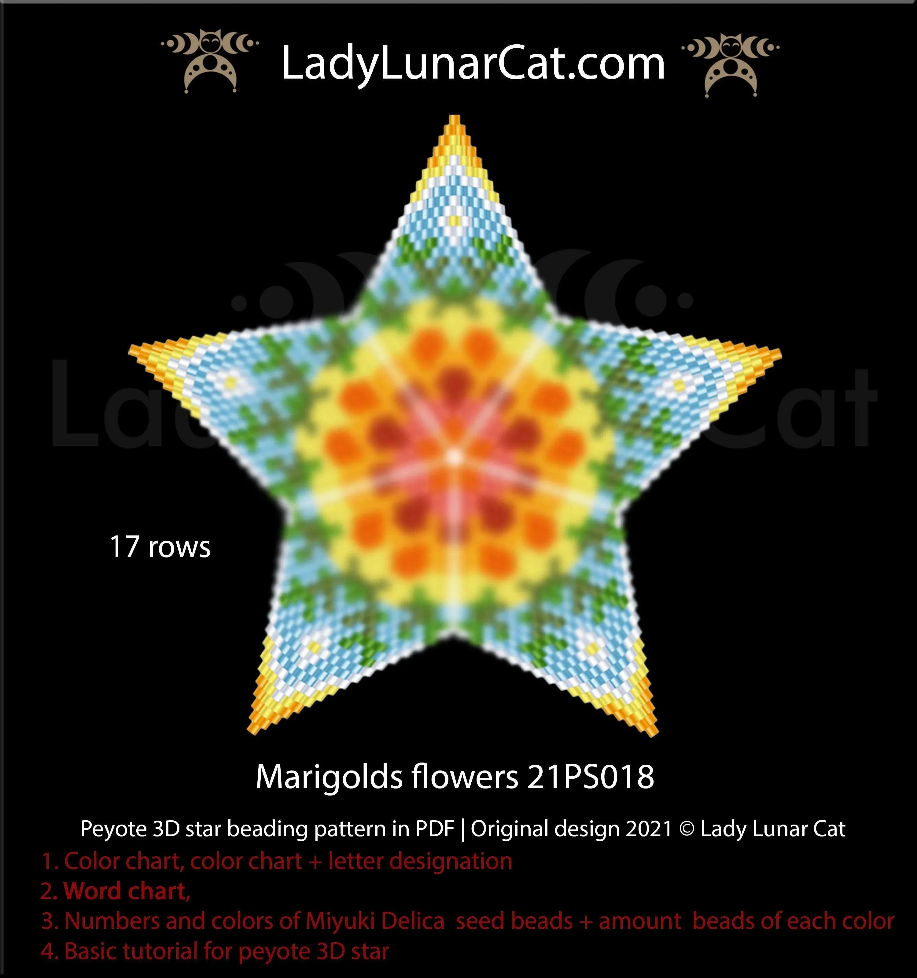 Marigold autumn peyote star — 9 colors, 33-bead radius, 17 rows, Miyuki Delica 11/0