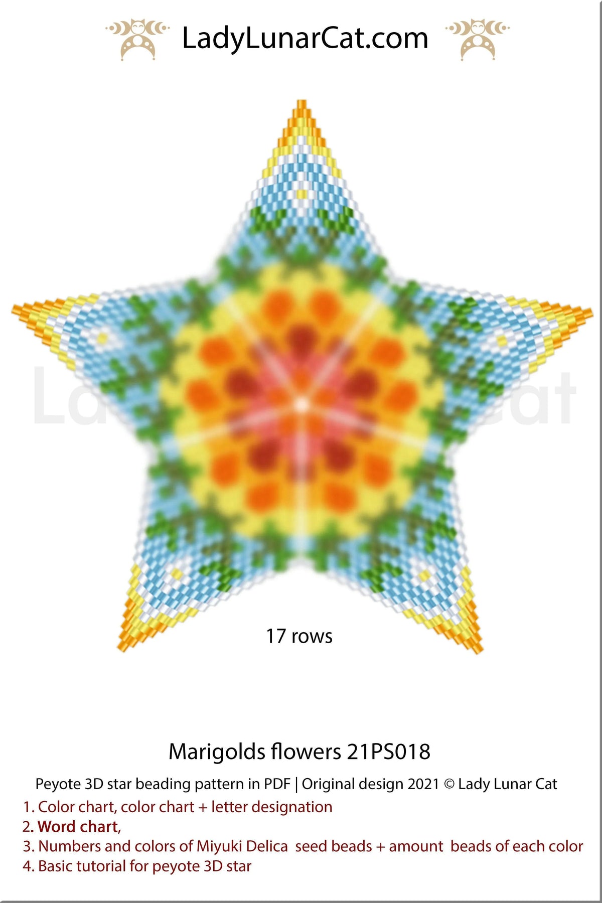3D peyote star marigolds — 15-page PDF, word chart, autumn ornament, instant download