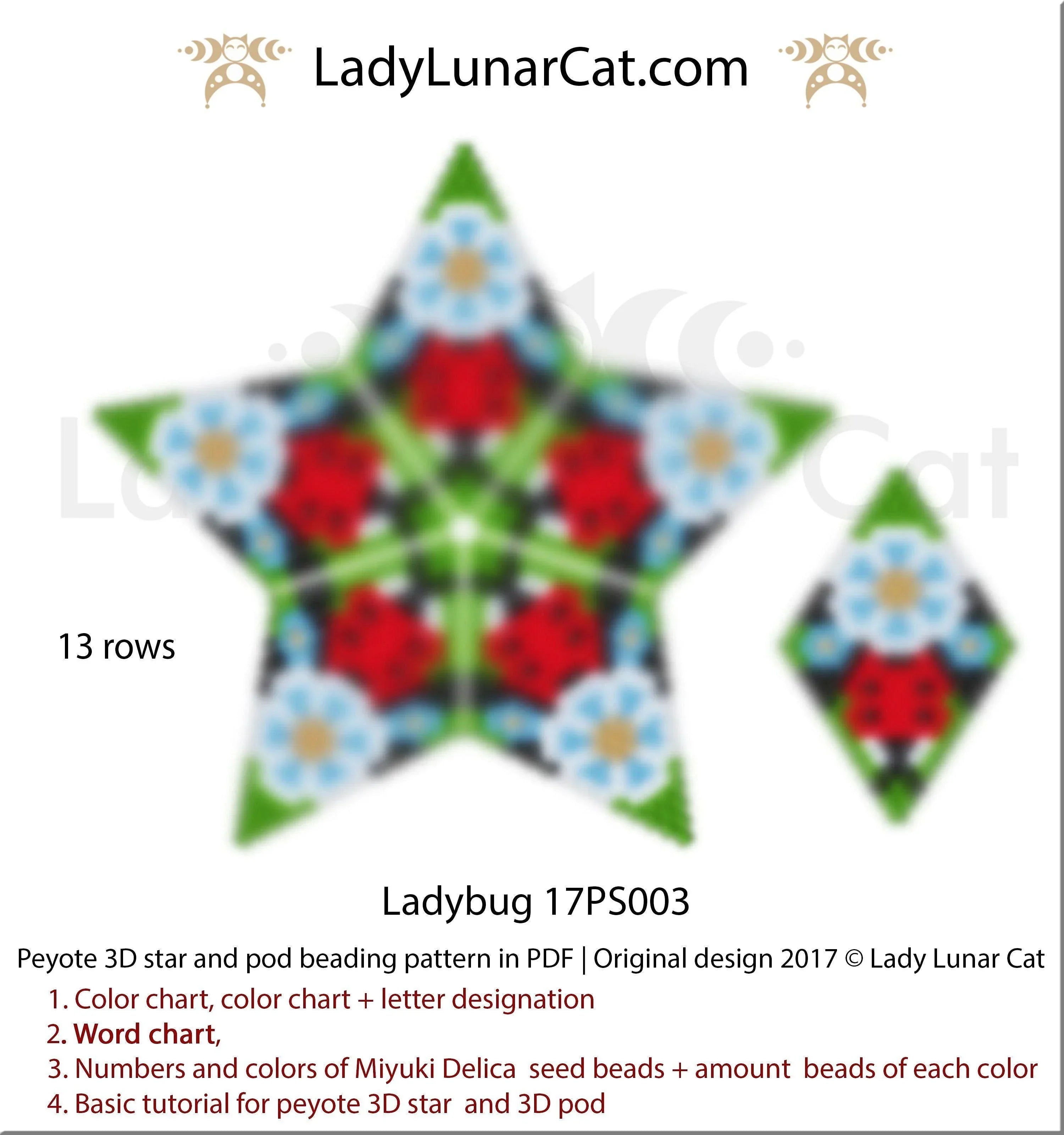 Ladybug peyote star & pod pattern PDF by Lady Lunar Cat — 2-in-1 spring 17PS003