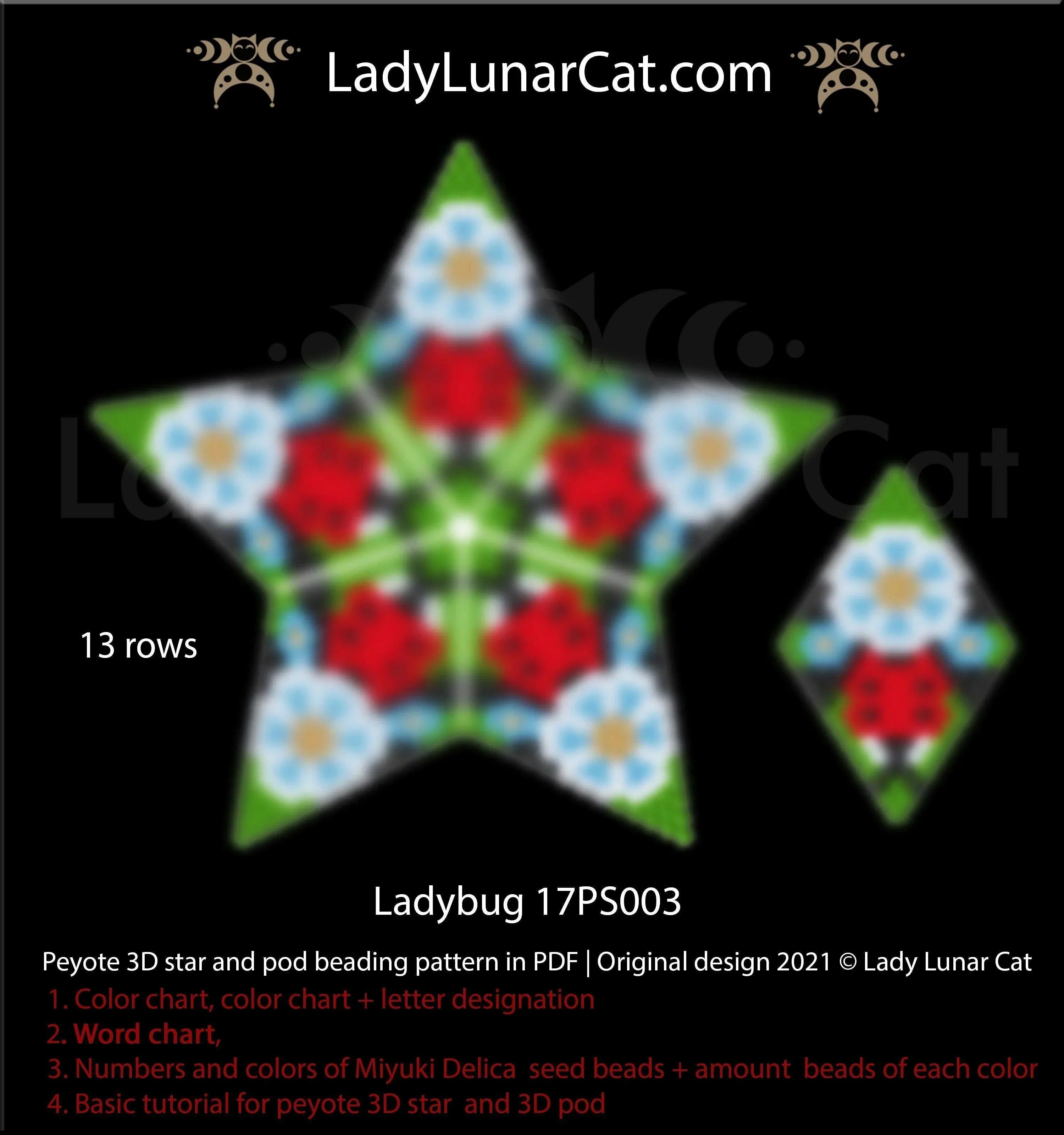 Ladybug peyote star and pod — 2-in-1, 6 colors each, 25-bead radius, Miyuki Delica 11/0