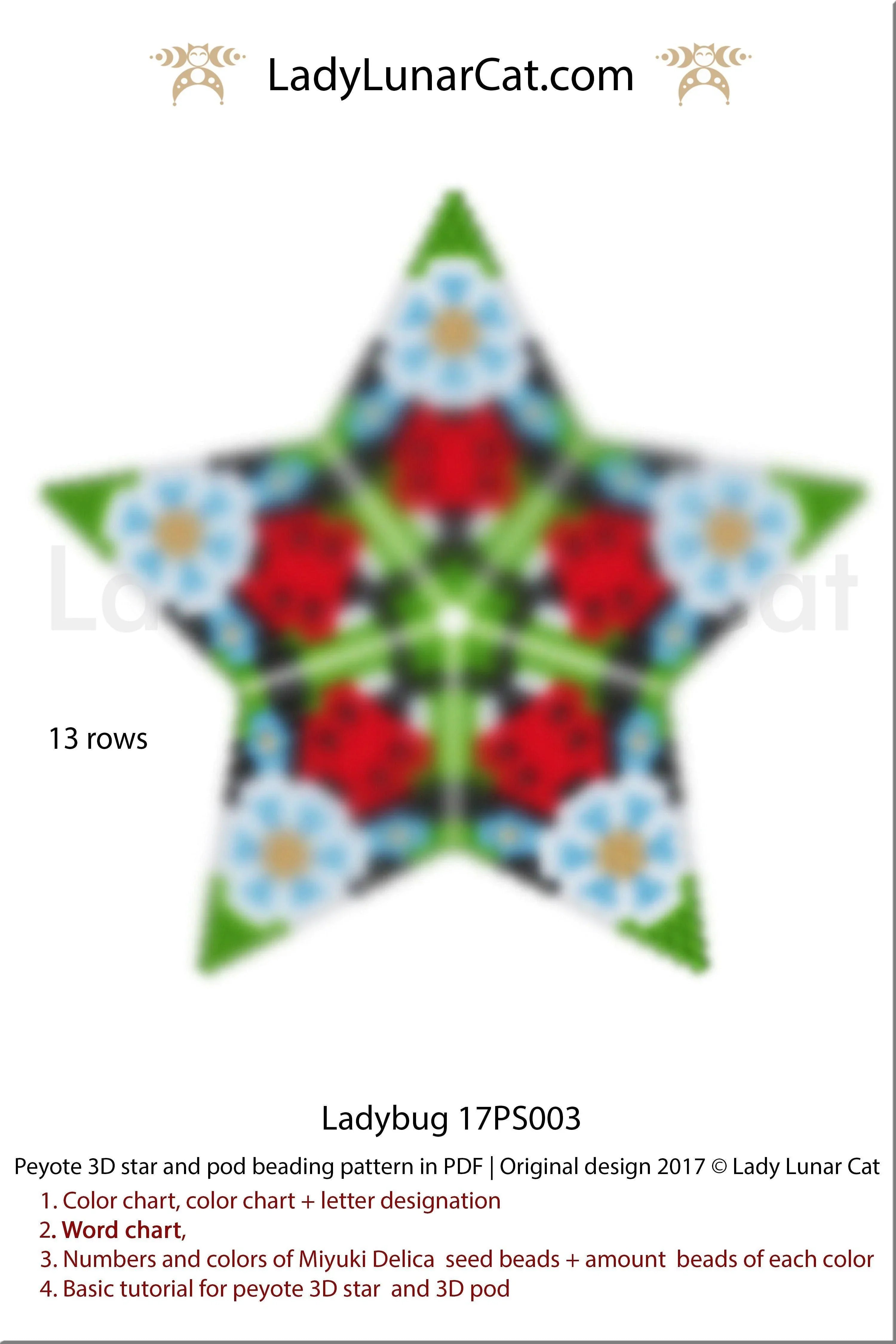 3D peyote ladybug star & pod — 13 rows, spring summer, 27-page PDF, instant download