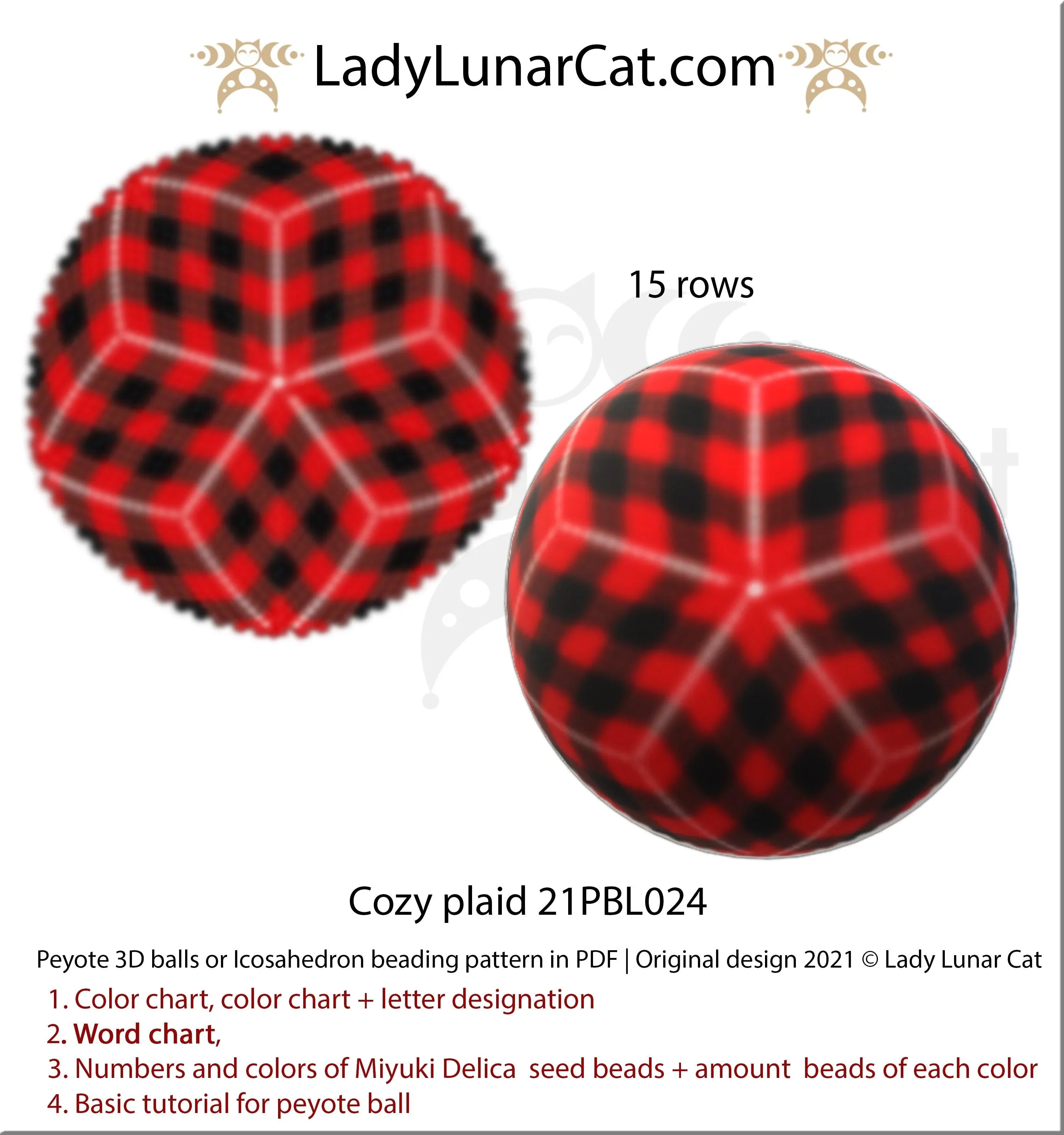 Beaded cozy plaid icosahedron ball — peyote stitch tutorial PDF for all levels