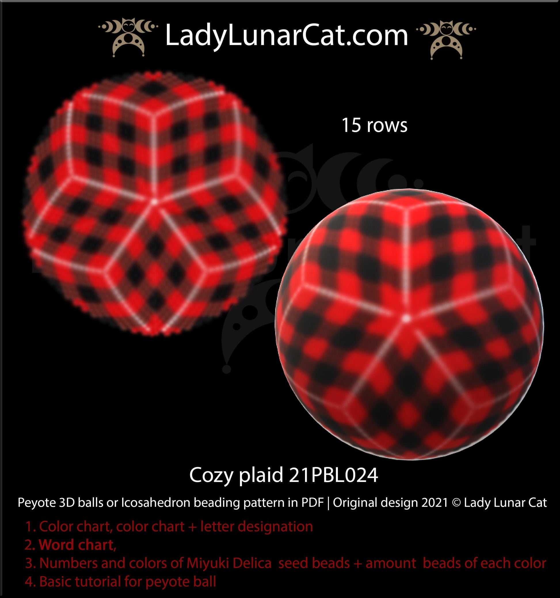 Peyote 3d ball pattern for beading Cozy plaid 21PBL024 15 rows LadyLunarCat
