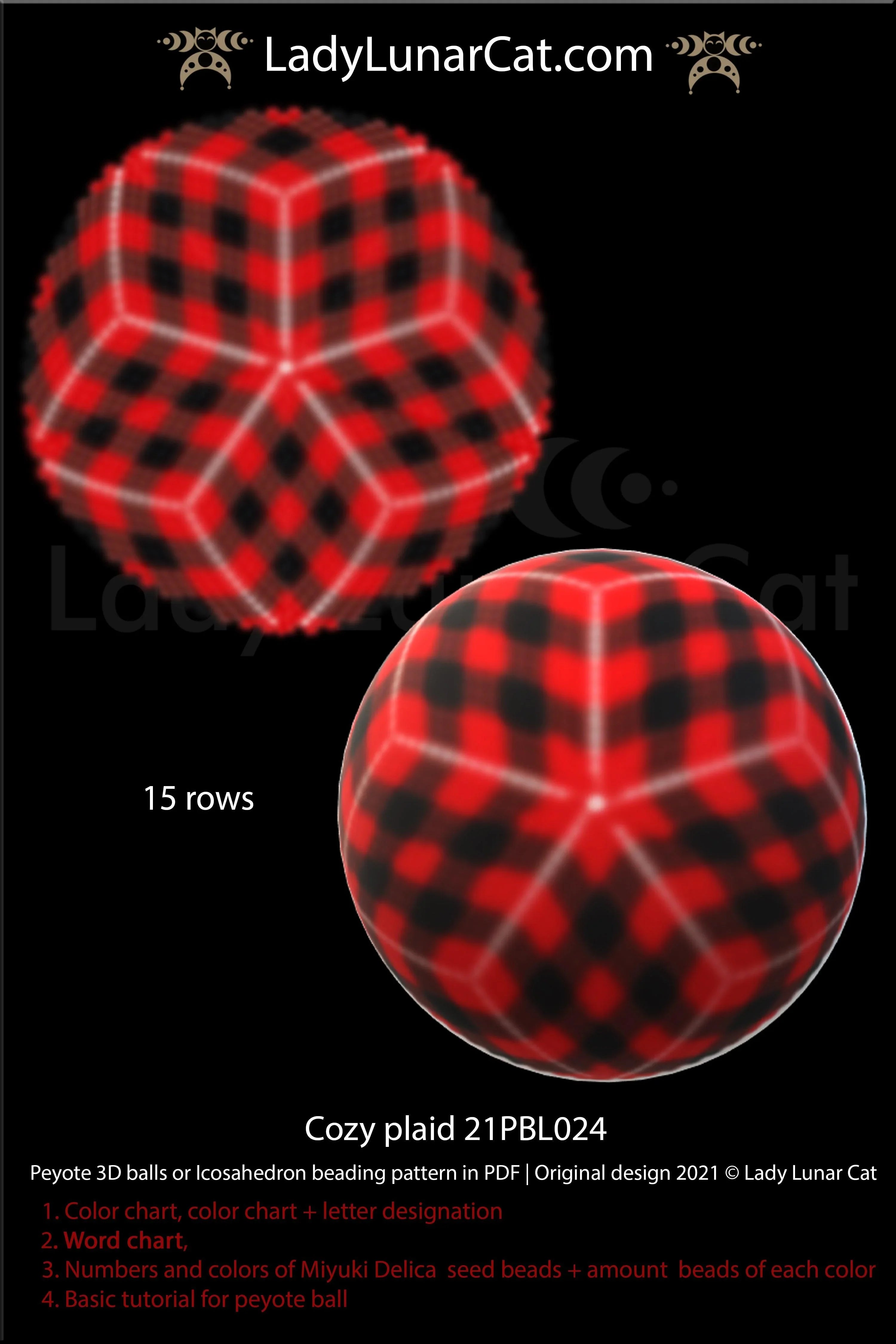 Cozy plaid peyote 3D ball beading pattern preview — 3 colors, graph paper included