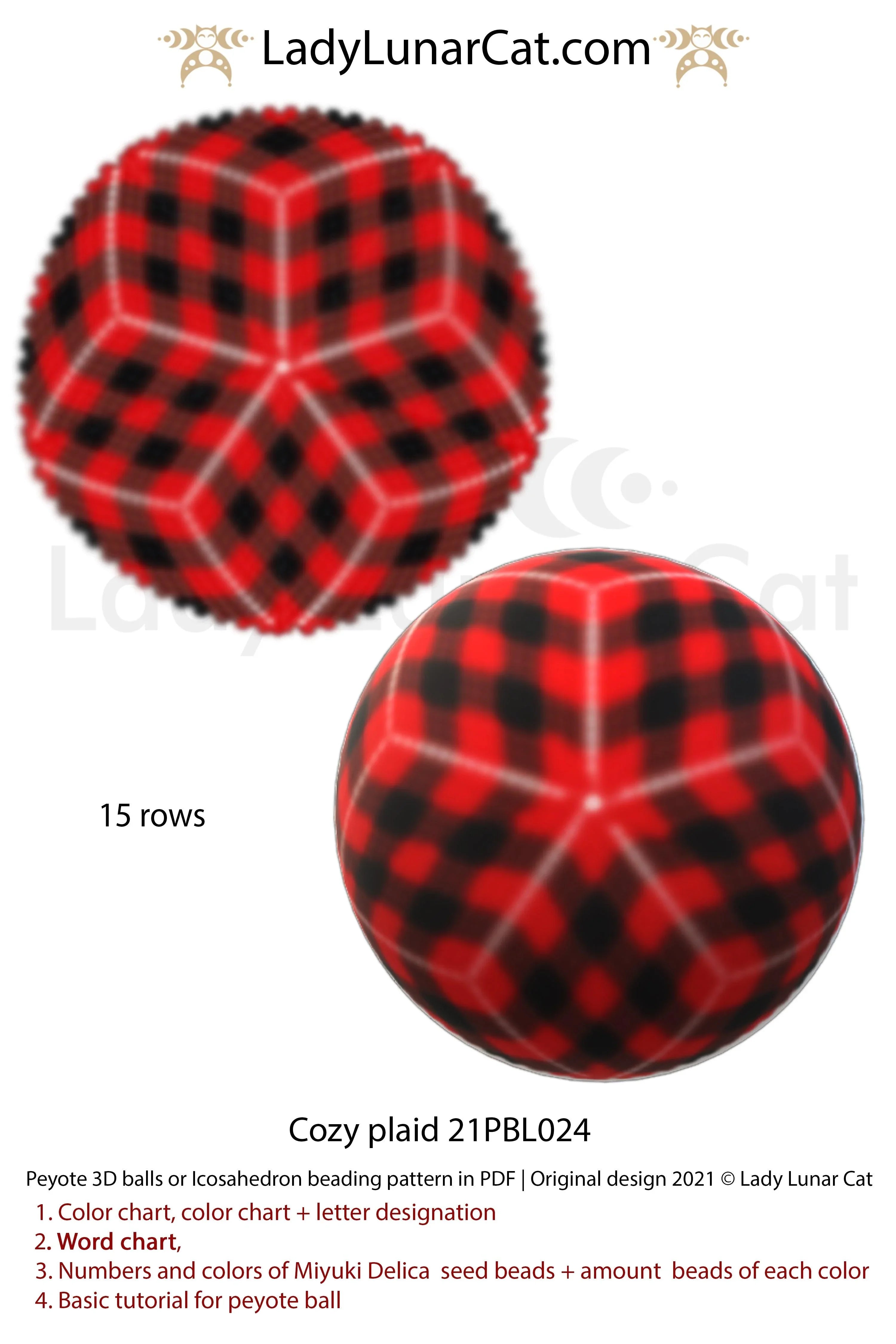 Lady Lunar Cat cozy plaid peyote 3D ball — vintage Christmas beading PDF 21PBL024