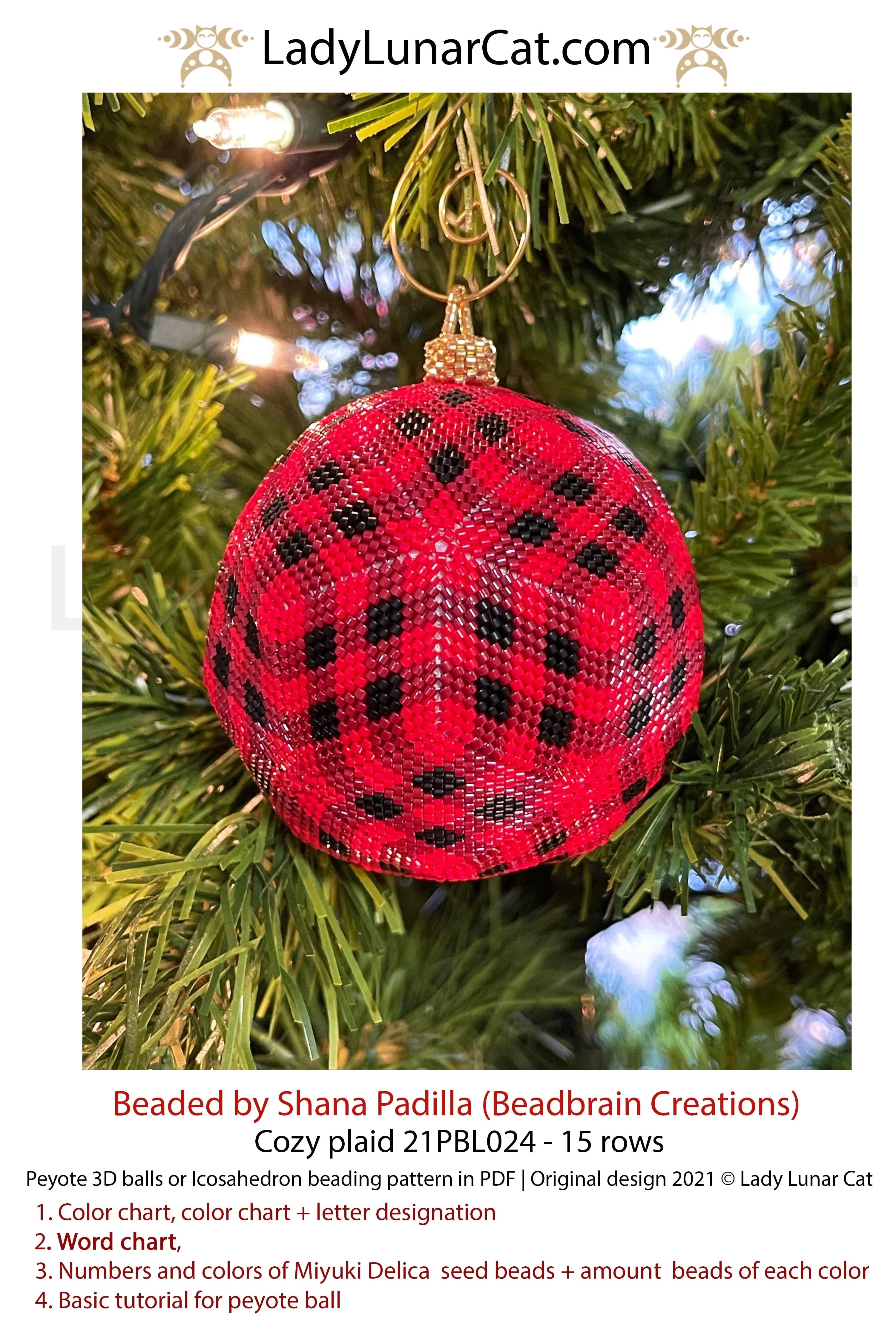 Cozy plaid peyote icosahedron ball — 3 colors, 15 rows, warm red tartan, Miyuki Delica 11/0