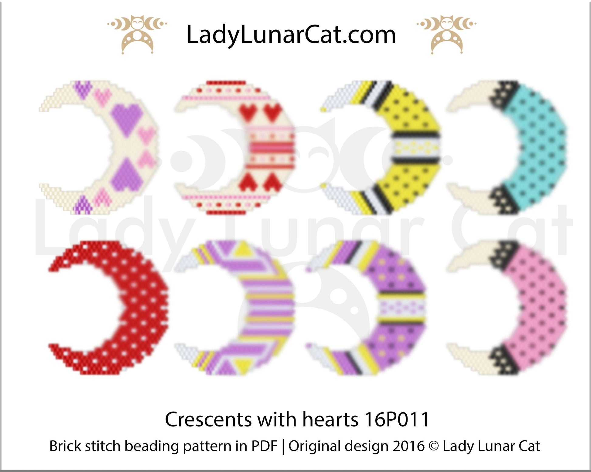 Brick stitch pattern for beading Valentines day Crescents with hearts 16P011 LadyLunarCat